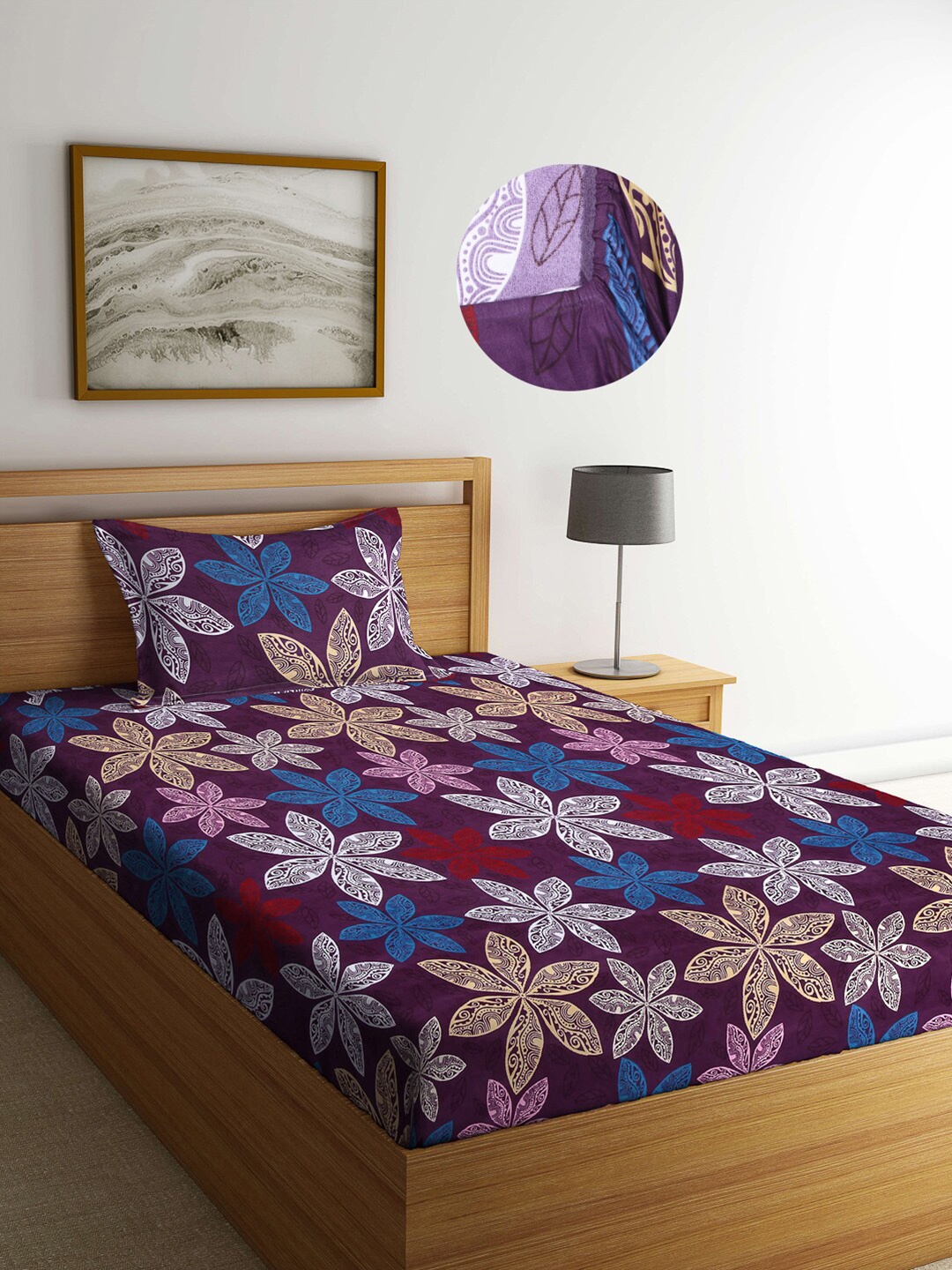 

Arrabi Purple Floral 300 TC Cotton Blend Single Size Fitted Bedsheet with 1 Pillow Cover
