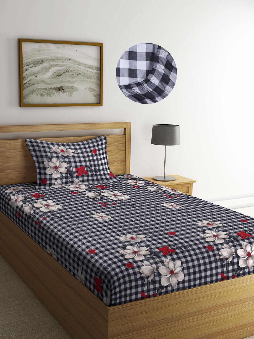 

Arrabi Black & White Floral 300 TC Single Bedsheet with 1 Pillow Covers