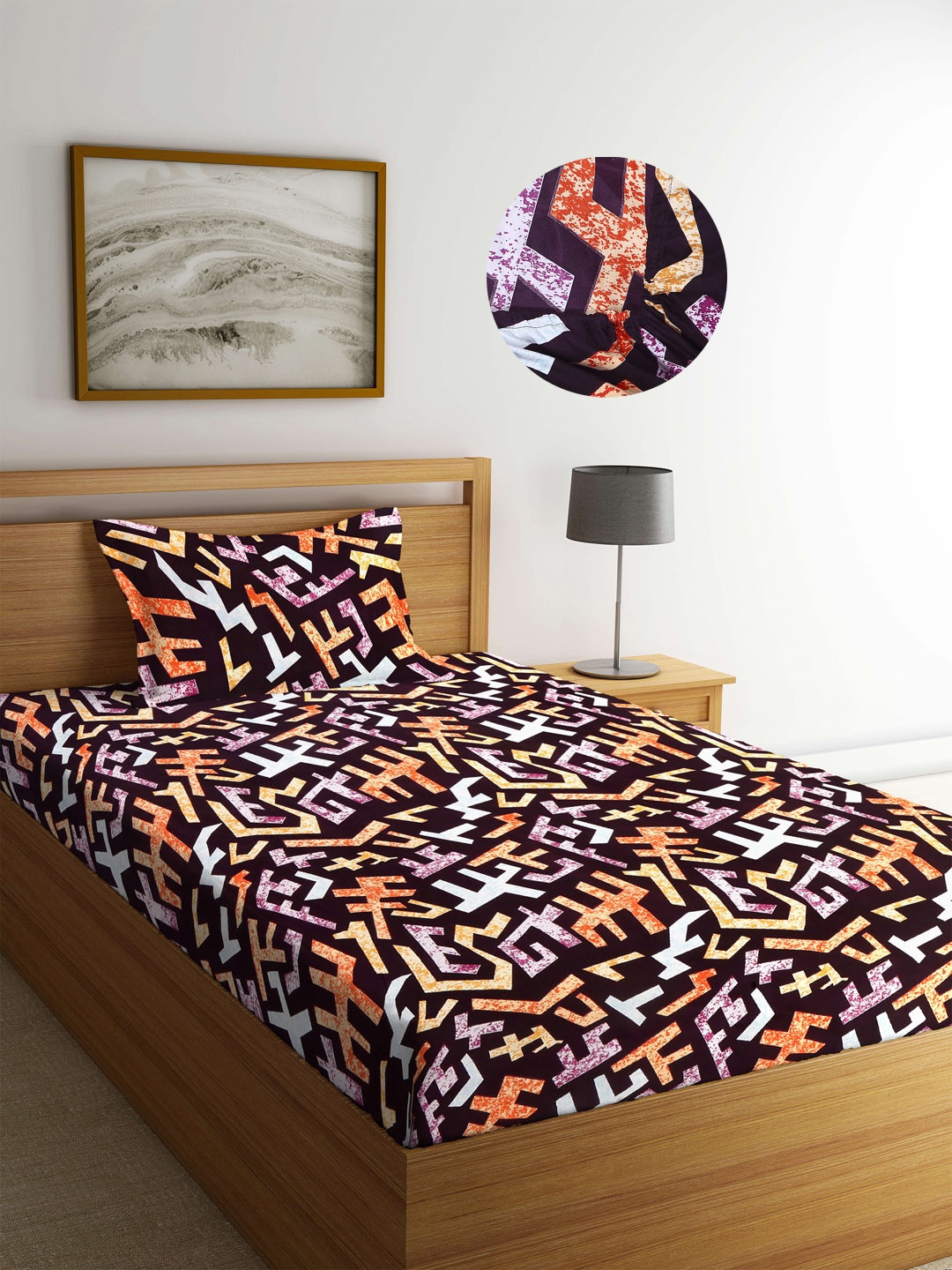 

Arrabi Multi Graphic 300 TC Cotton Blend Single Size Fitted Bedsheet with 1 Pillow Cover, Black