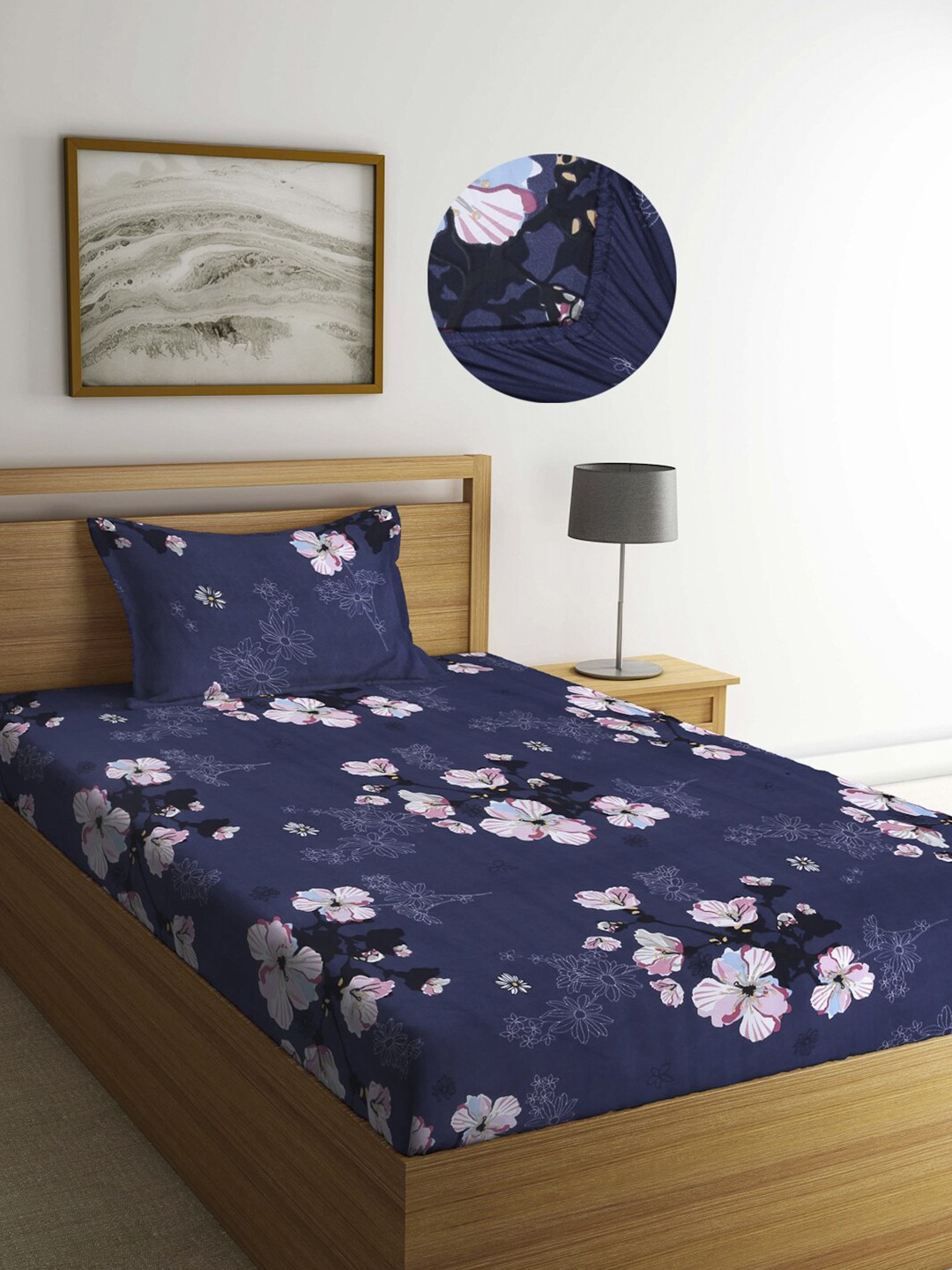 

Arrabi Blue & Pink Floral Printed 300 TC Fitted Single Bedsheet with 1 Pillow Covers
