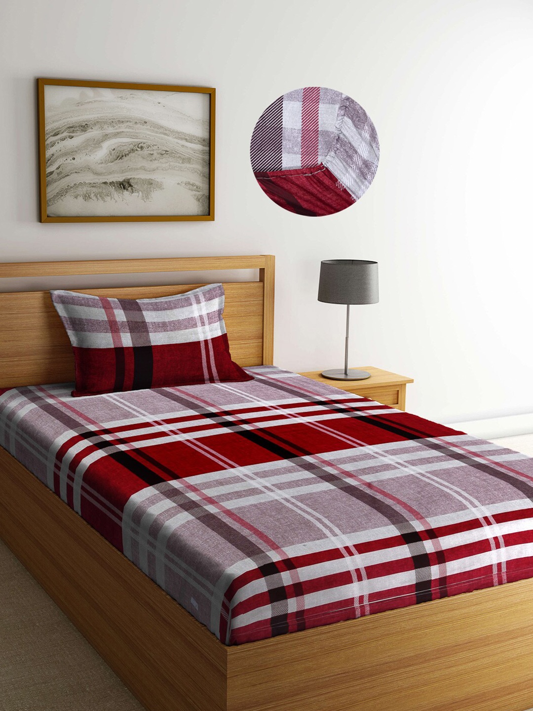 

Arrabi Maroon & White Geometric 300 TC Single Bedsheet with 1 Pillow Covers