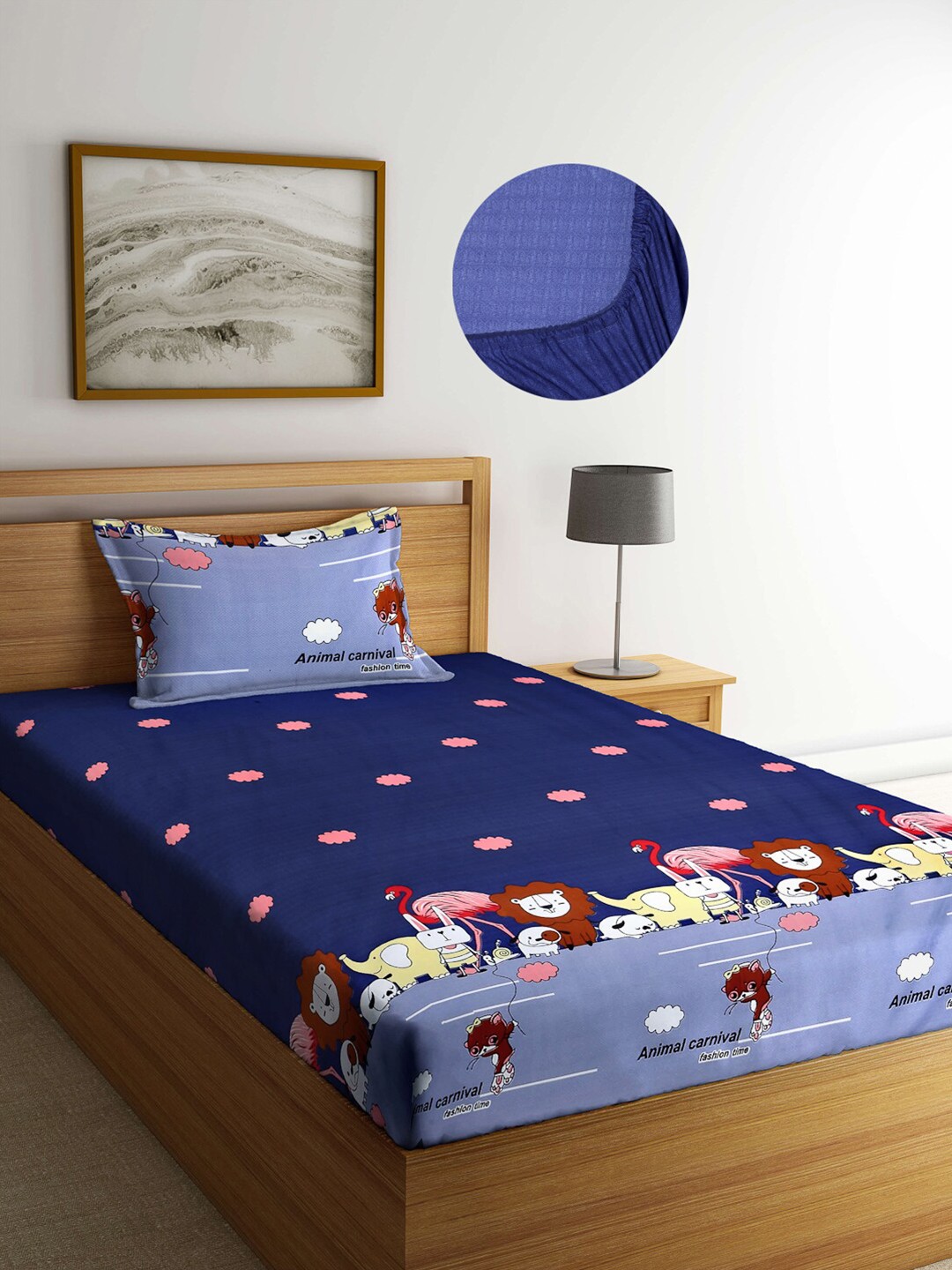 

Arrabi Kids Blue Printed 300 TC Single Fitted Bedsheet with 1 Pillow Cover