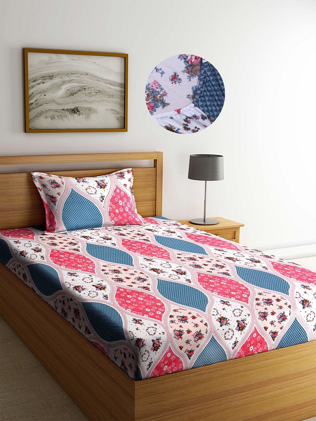 Arrabi Multi Floral 300 TC Cotton Blend Single Size Fitted Bedsheet with 1 Pillow Cover
