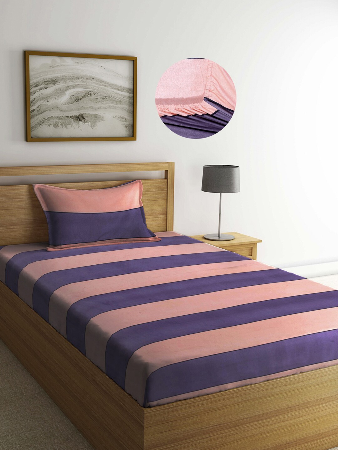 

Arrabi Peach Stripes 300 TC Cotton Blend Single Size Fitted Bedsheet with 1 Pillow Cover