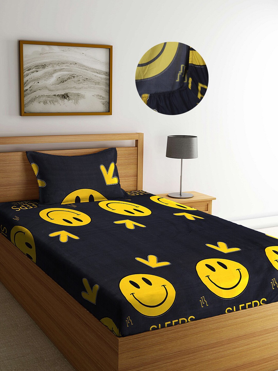 

Arrabi Black Cartoon 300 TC Cotton Blend Single Size Fitted Bedsheet with 1 Pillow Cover