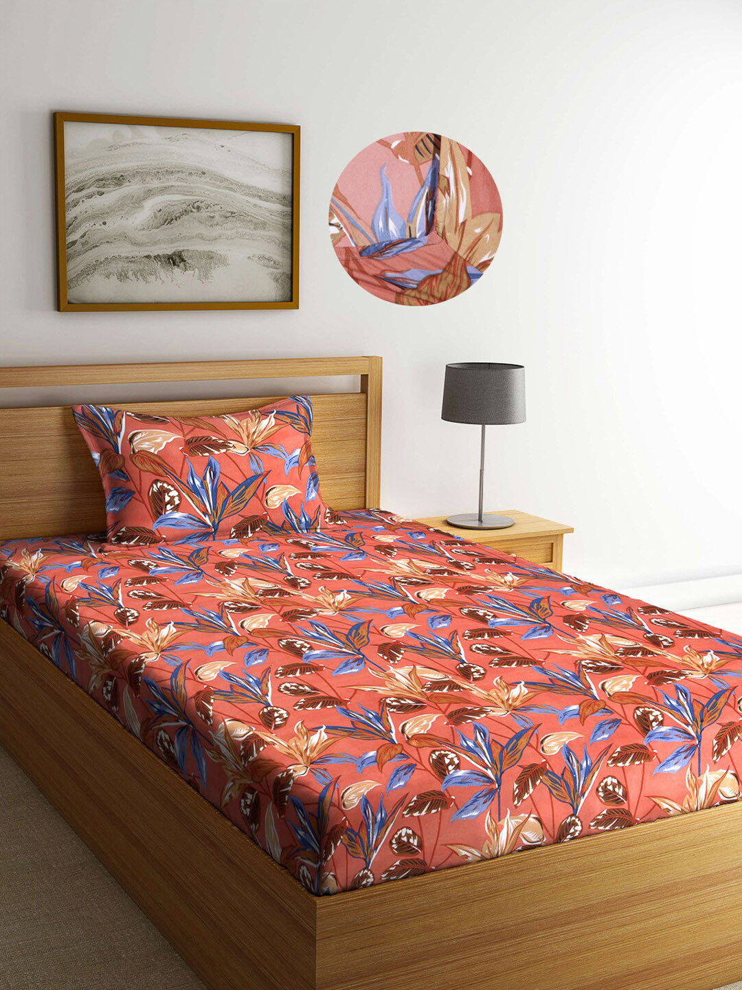 

Arrabi Brown Leaf 300 TC Cotton Blend Single Size Fitted Bedsheet with 1 Pillow Cover