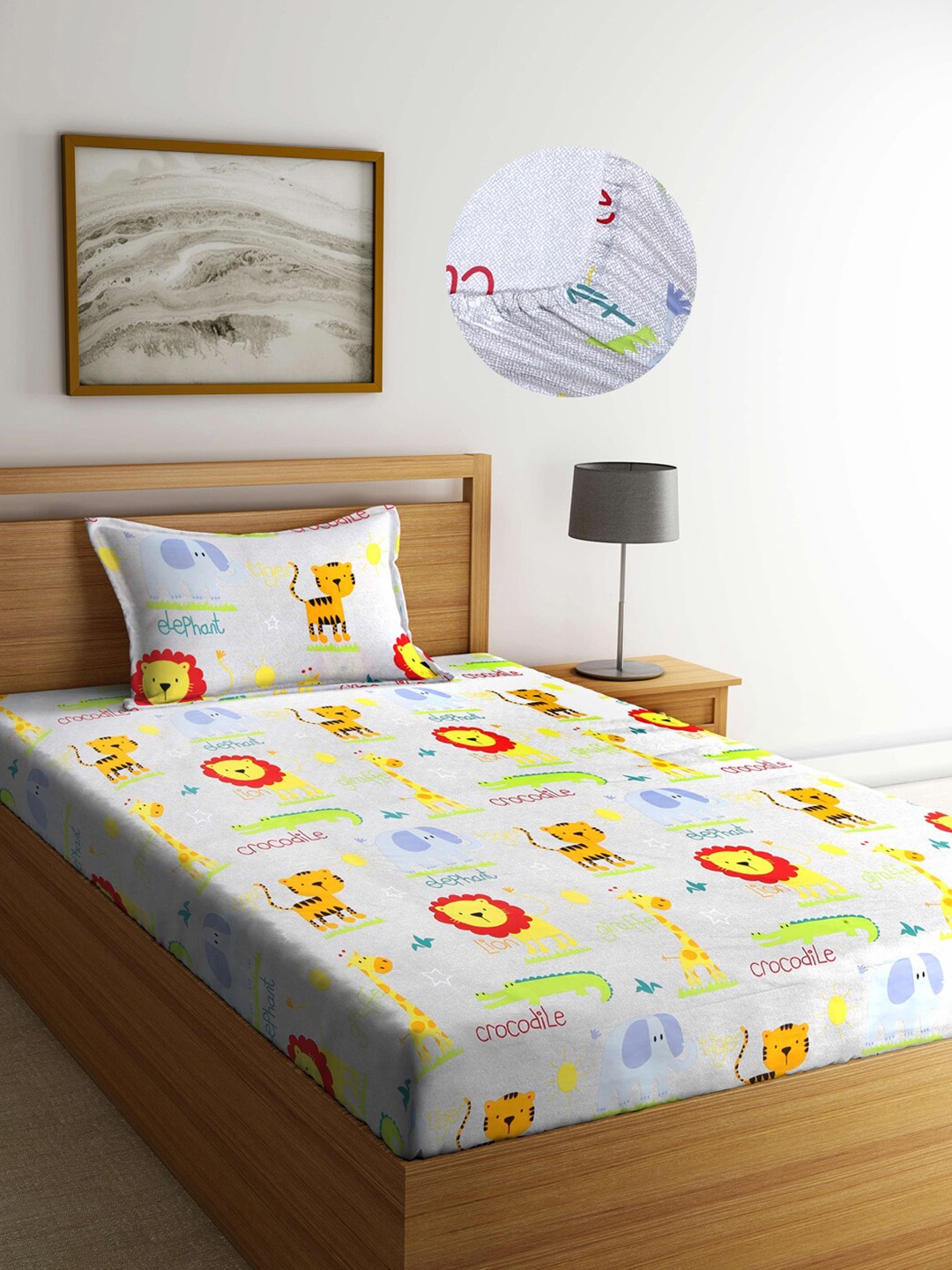 

Arrabi Multi Cartoon 300 TC Cotton Blend Single Size Fitted Bedsheet with 1 Pillow Cover, White