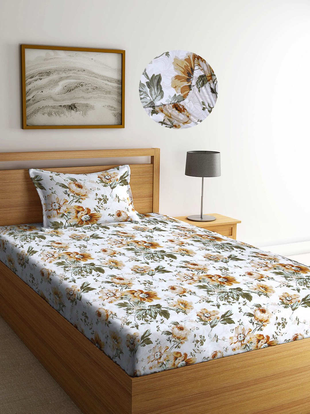 

Arrabi White Floral 300 TC Cotton Blend Single Size Fitted Bedsheet with 1 Pillow Cover
