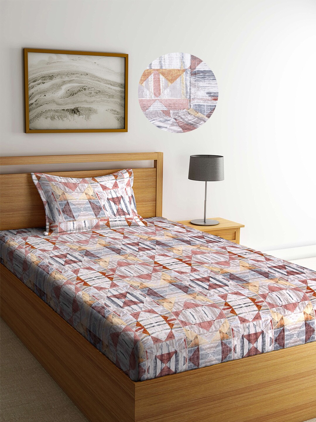 

Arrabi Multi Geometric 300 TC Cotton Blend Single Size Fitted Bedsheet with 1 Pillow Cover, White