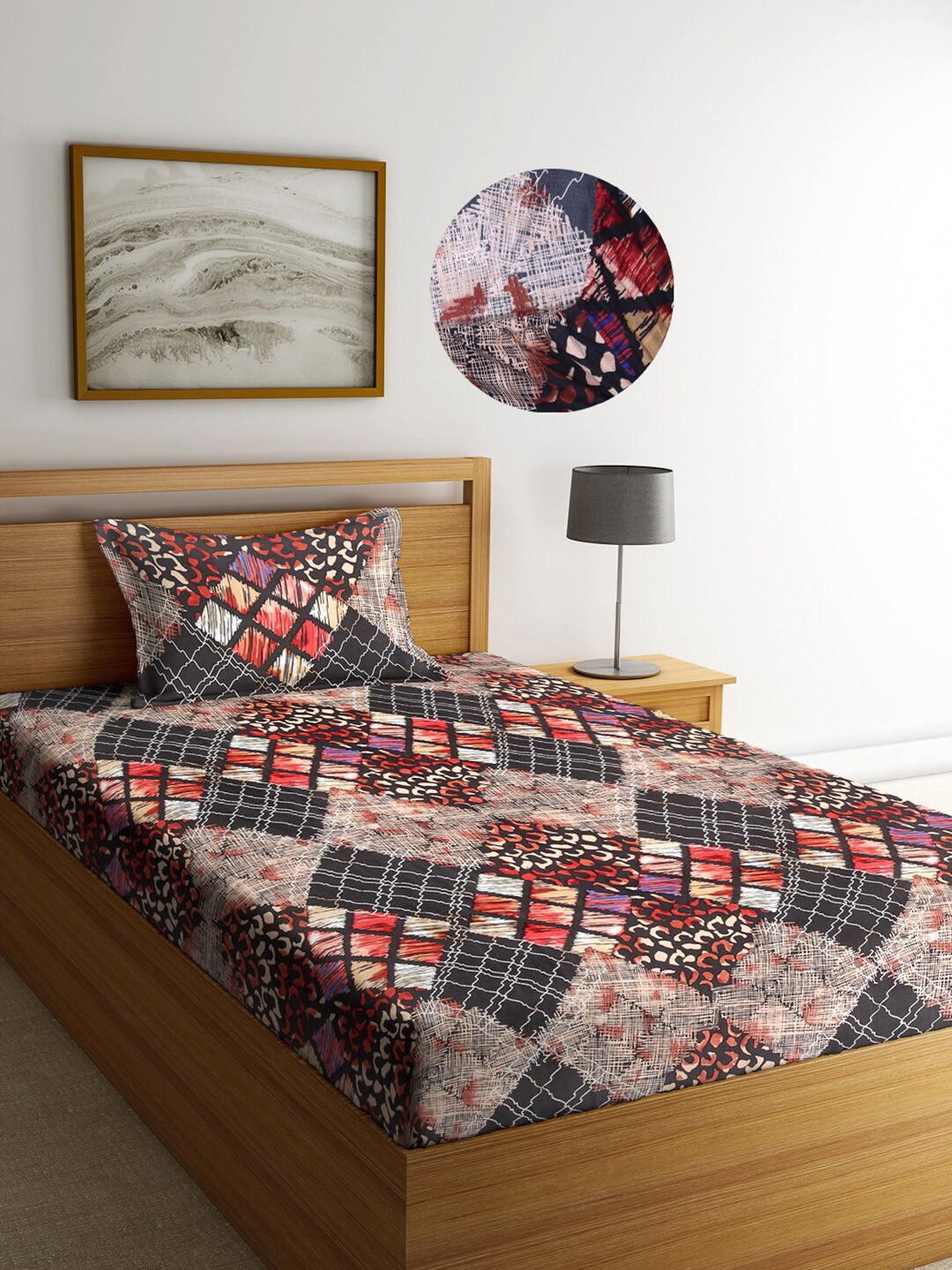 

Arrabi Multi Abstract 300 TC Cotton Blend Single Size Fitted Bedsheet with 1 Pillow Cover, Grey