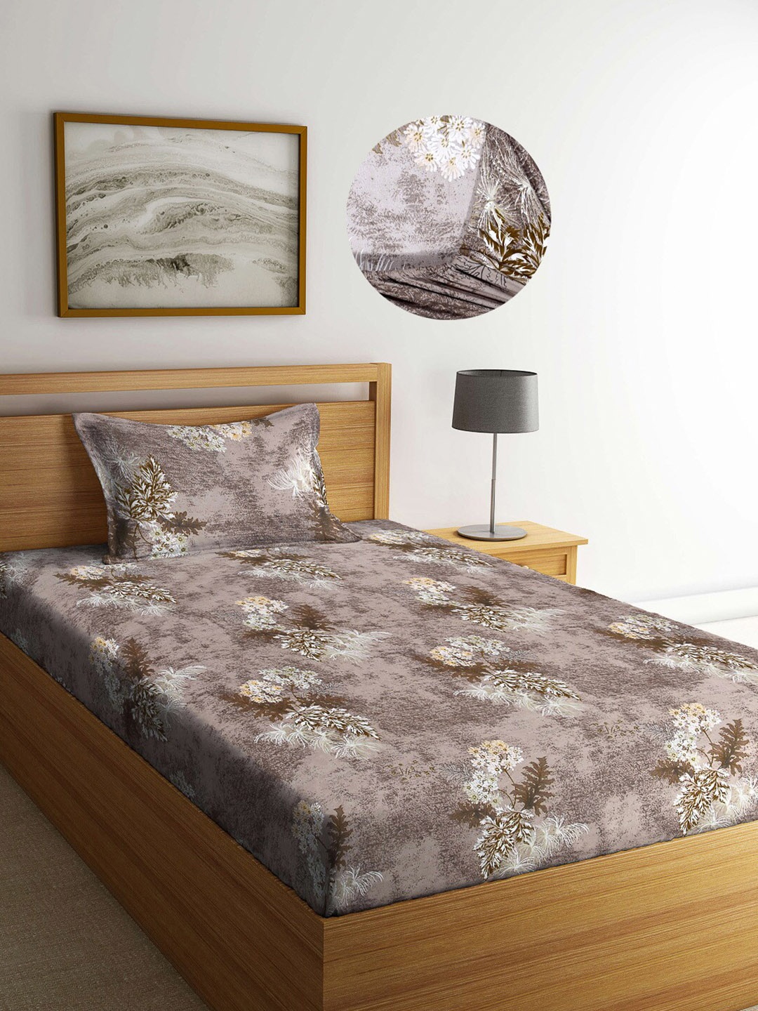 

Arrabi Brown & White Floral Printed 300 TC Fitted Single Bedsheet with 1 Pillow Covers