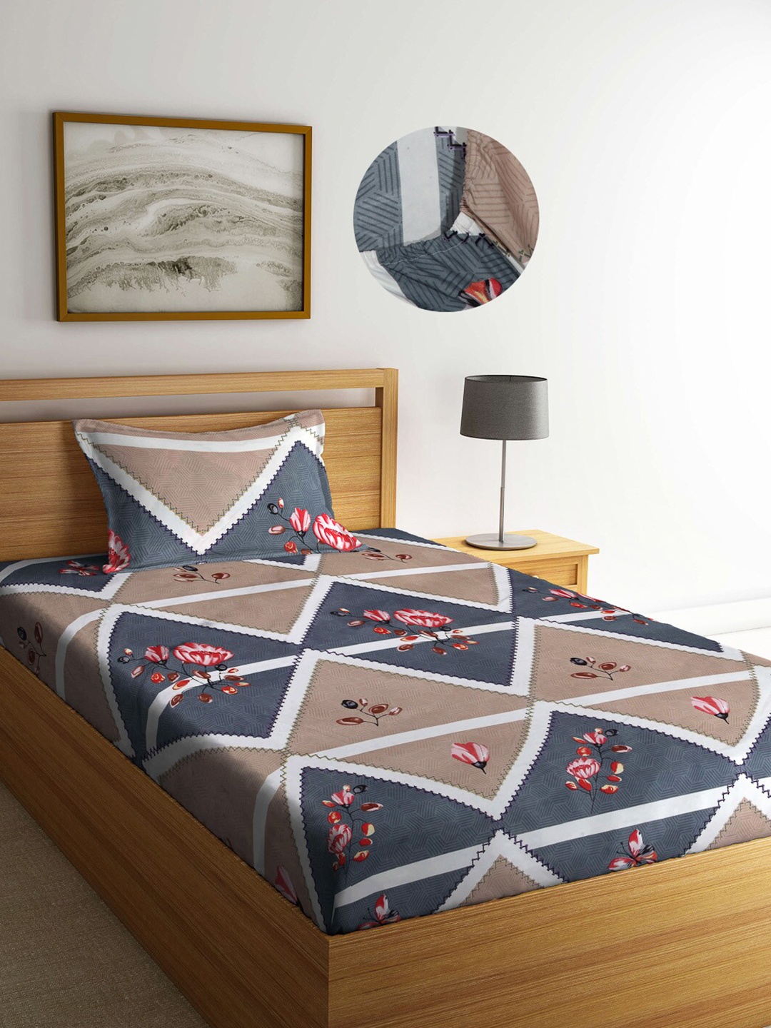 

Arrabi Brown & Grey Floral 300 TC Single Bedsheet with 1 Pillow Covers