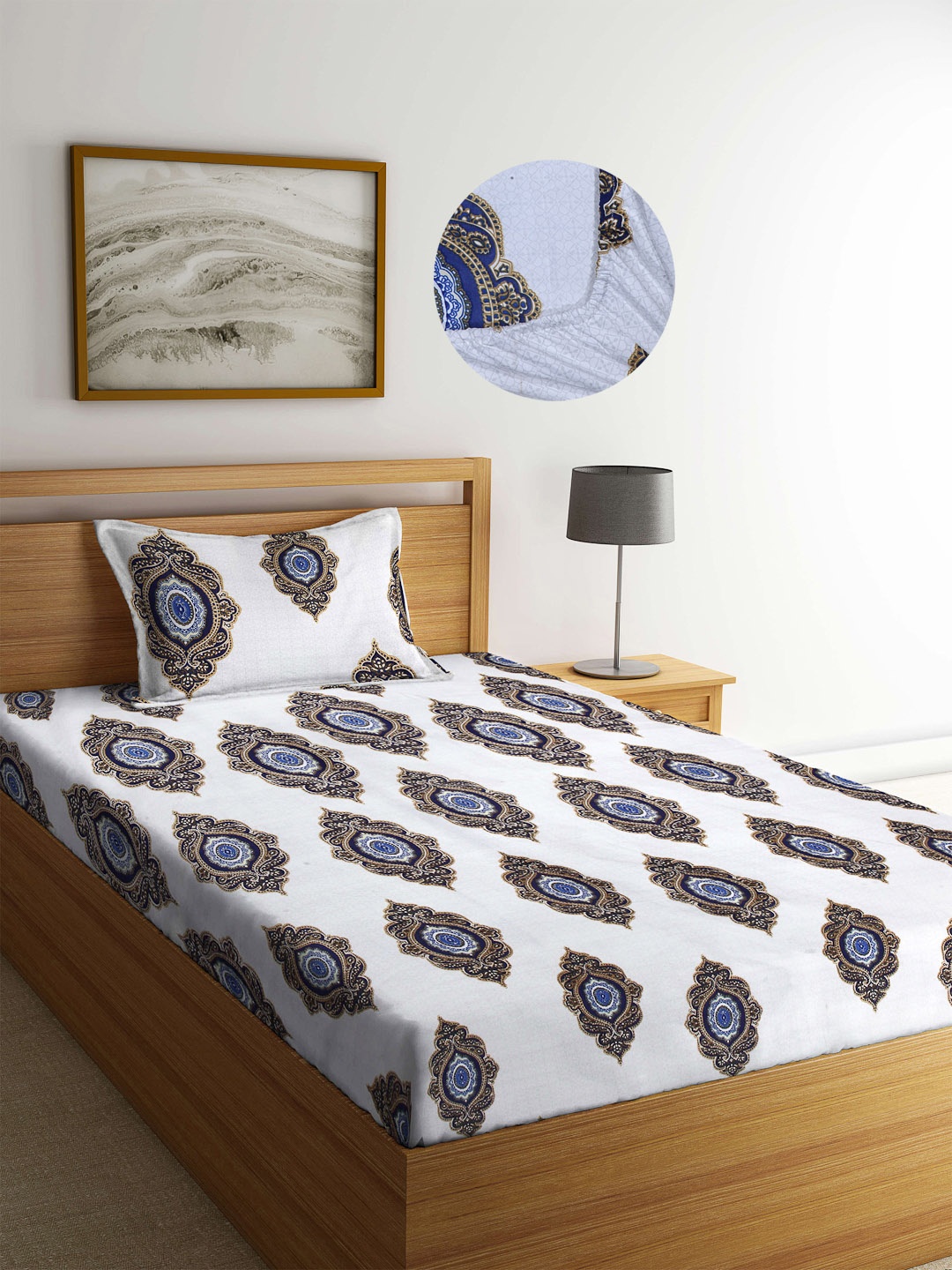 

Arrabi White Ethnic Motifs Printed 300 TC Single Fitted Bedsheet with 1 Pillow Cover