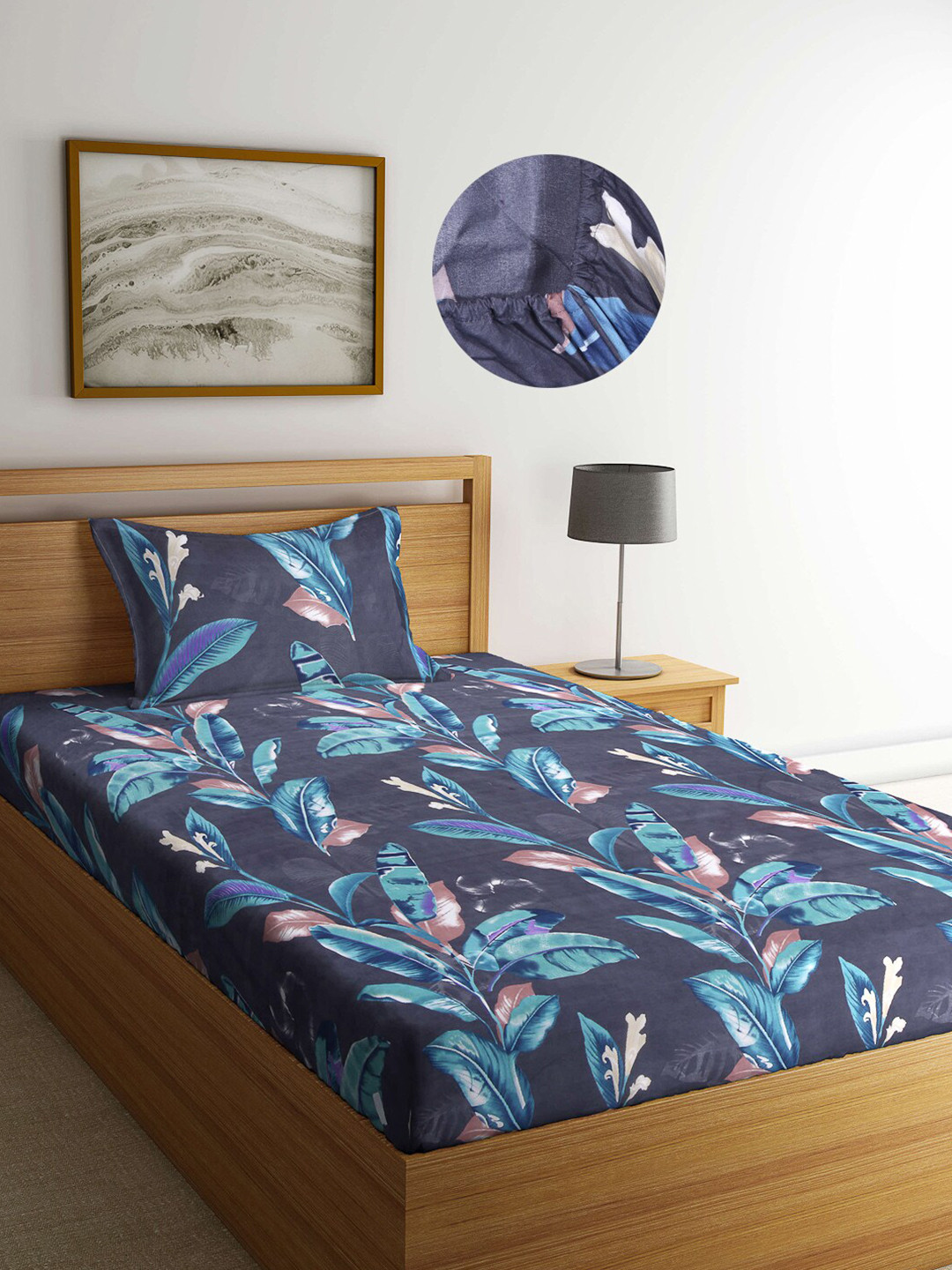 

Arrabi Black Leaf 300 TC Cotton Blend Single Size Fitted Bedsheet with 1 Pillow Cover