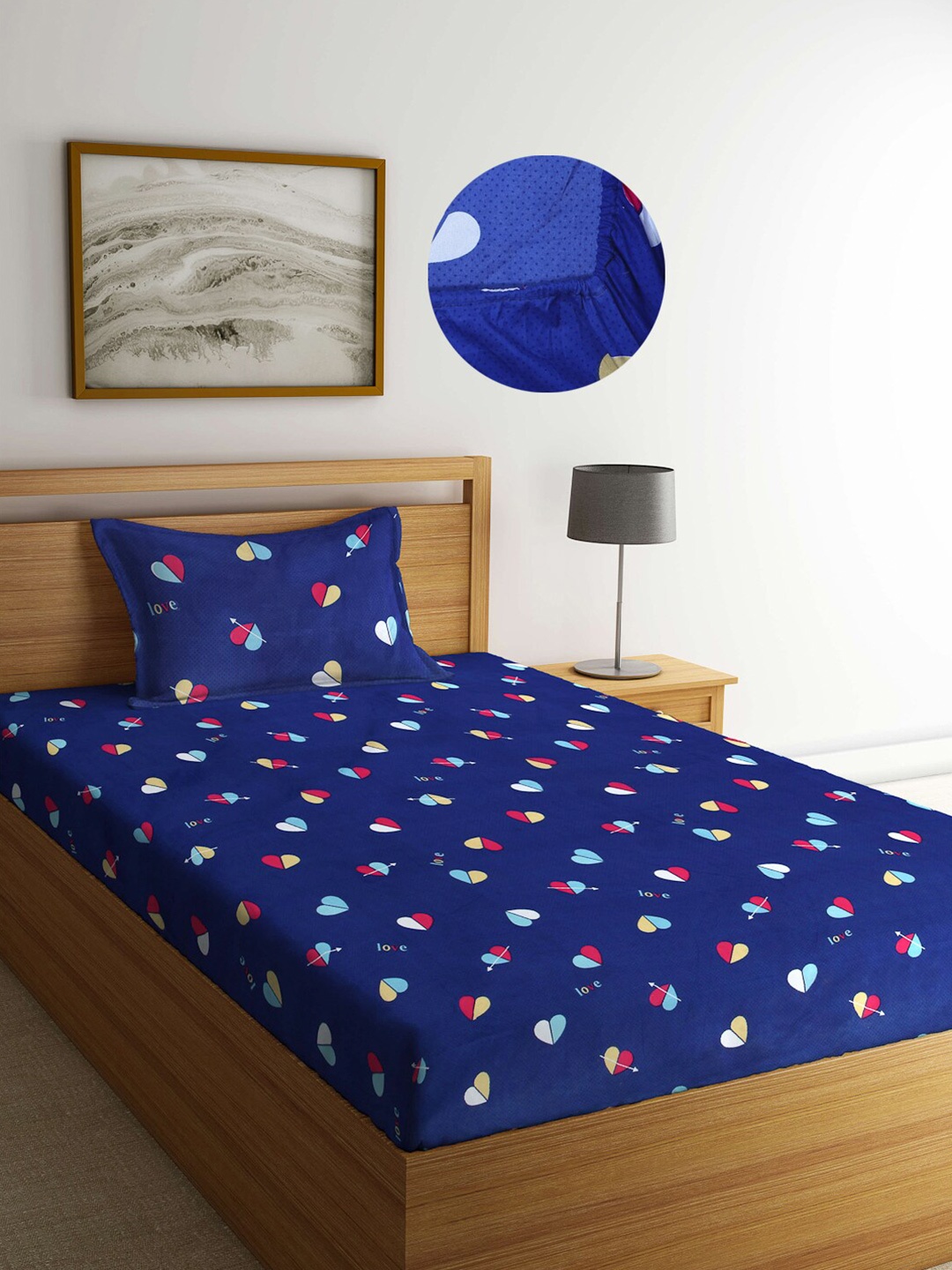 

Arrabi Blue Graphic 300 TC Cotton Blend Single Size Fitted Bedsheet with 1 Pillow Cover