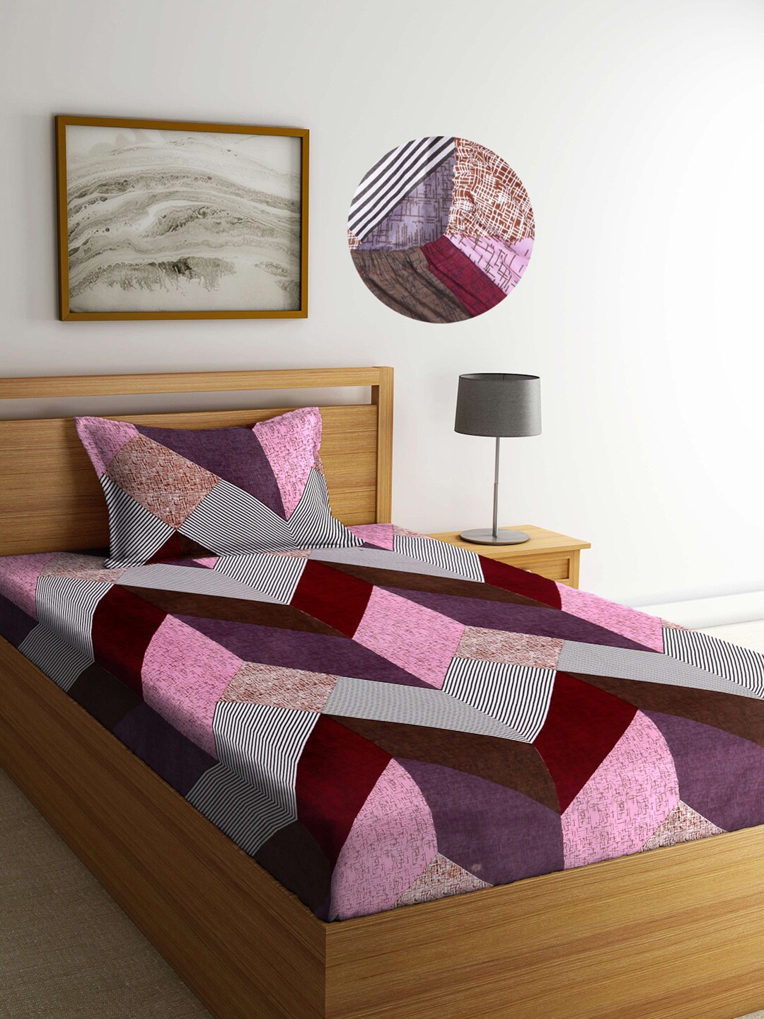 

Arrabi Multi Geometric 300TC Cotton Blend Single Size Fitted Bedsheet with 1 Pillow Cover, Maroon