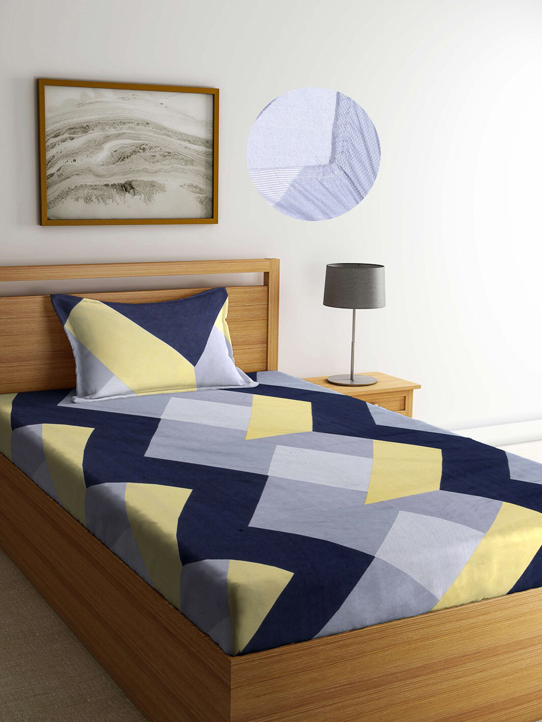 

Arrabi Multi Geometric 300TC Cotton Blend Single Size Fitted Bedsheet with 1 Pillow Cover, Grey