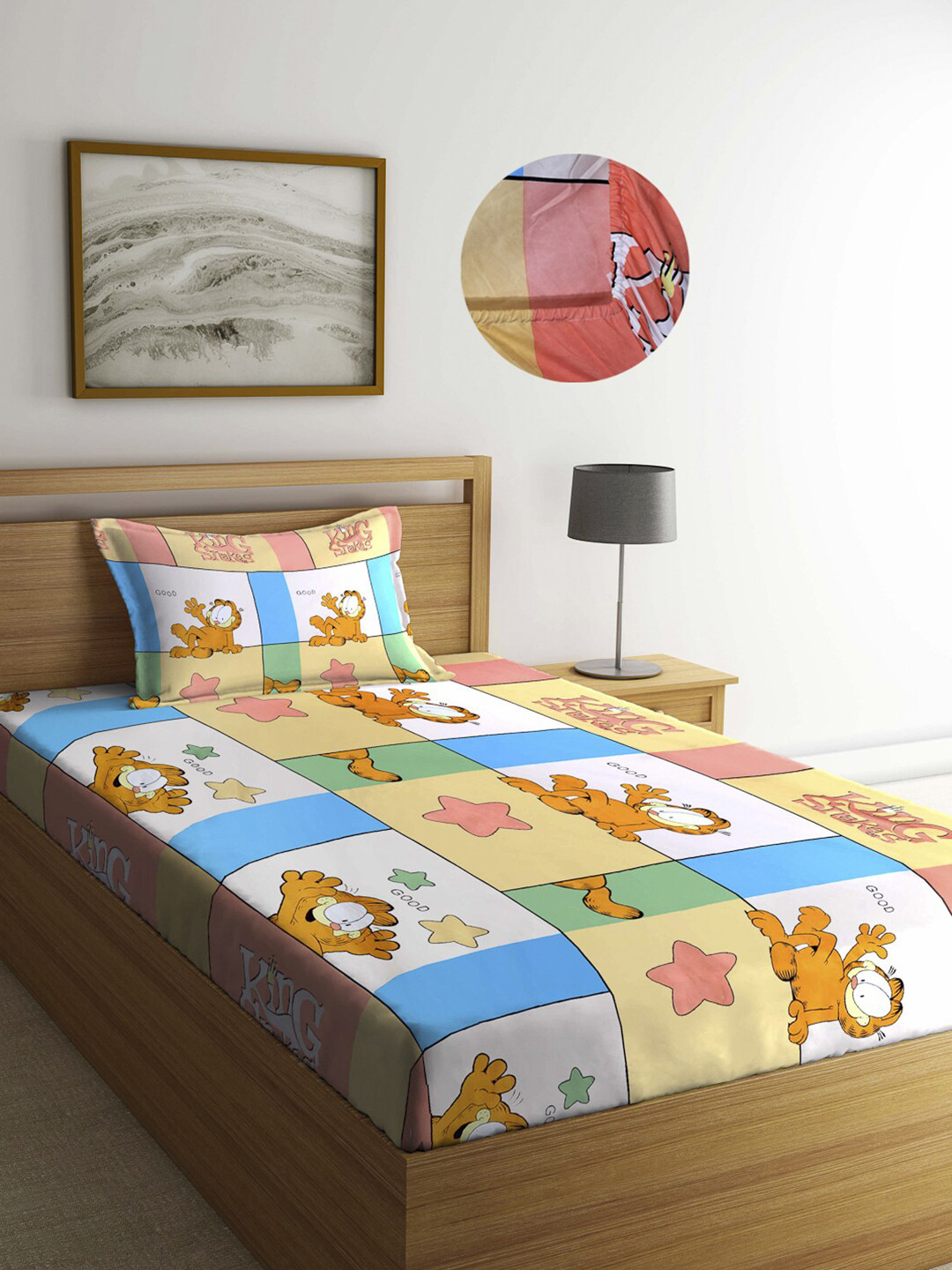 

Arrabi Multi Cartoon 300TC Cotton Blend Single Size Fitted Bedsheet with 1 Pillow Cover, White