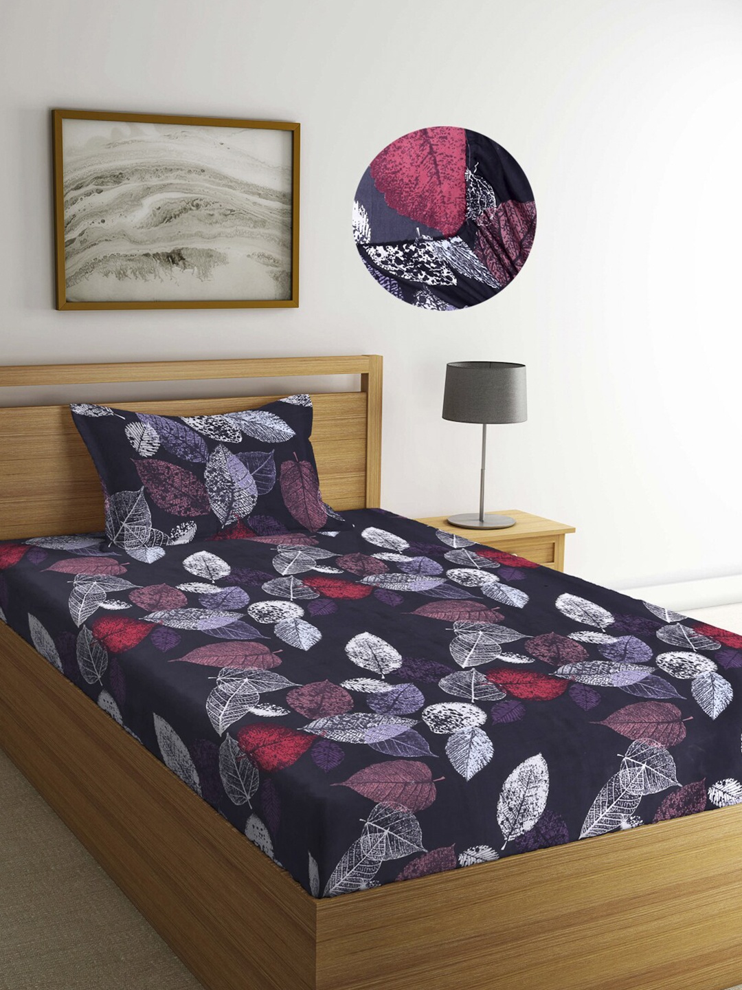 

Arrabi Black Leaf 300TC Cotton Blend Single Size Fitted Bedsheet with 1 Pillow Cover
