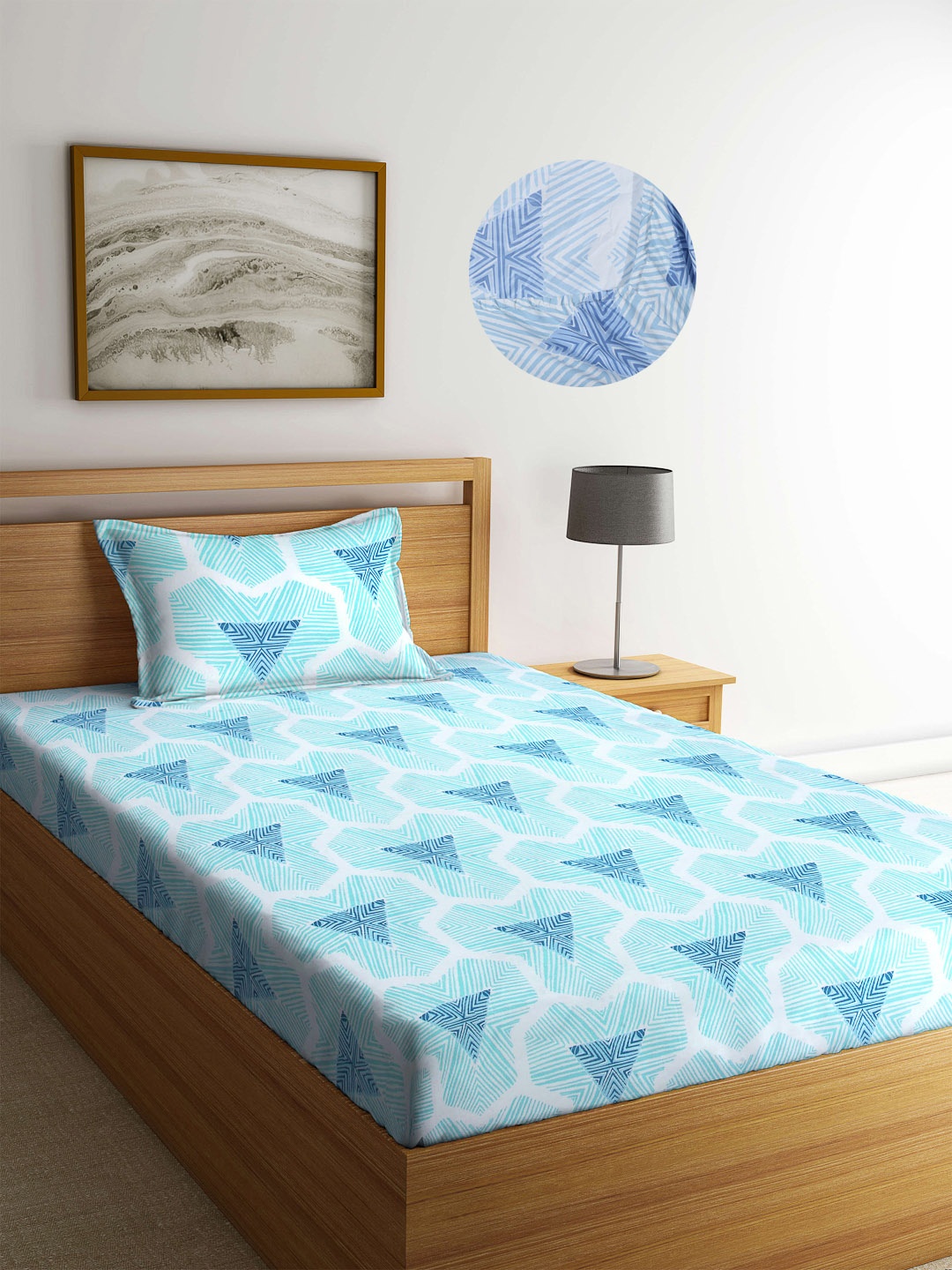 

Arrabi Blue & White Geometric Printed 300 TC Fitted Single Bedsheet with 1 Pillow Covers