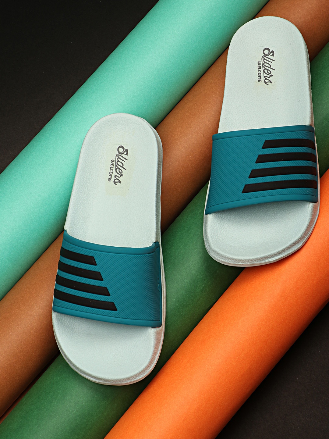 

WELCOME Women Blue & Black Striped Sliders