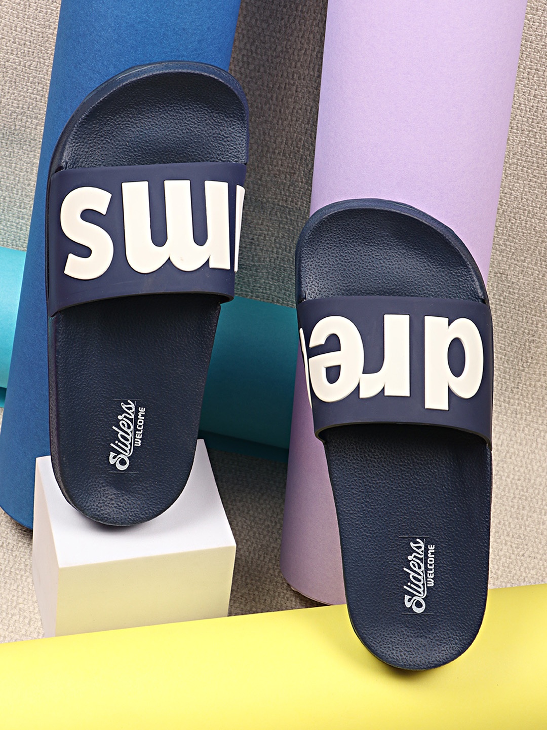 

WELCOME Women Navy Blue & White Printed Sliders