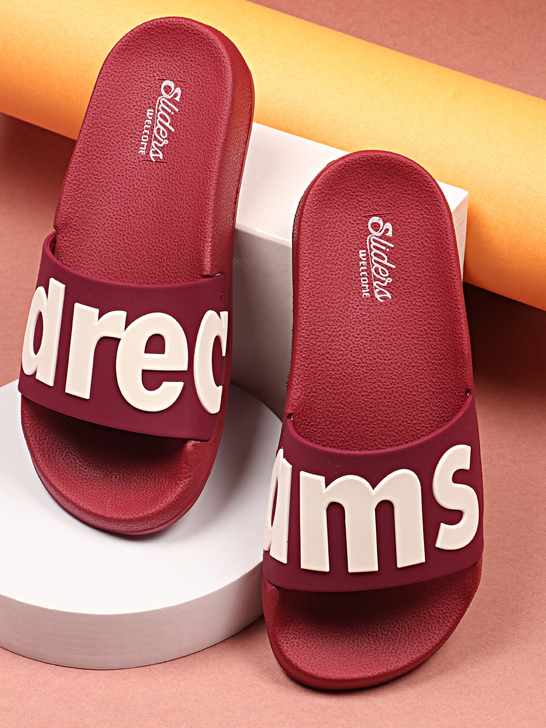 

WELCOME Women Maroon & White Typography Printed Sliders