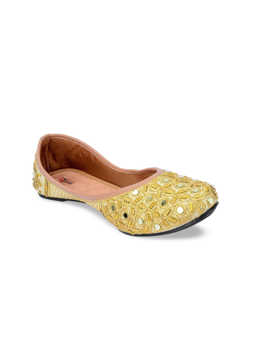 

DESI COLOUR Women Gold-Toned Embellished Leather Ethnic Mojaris Flats
