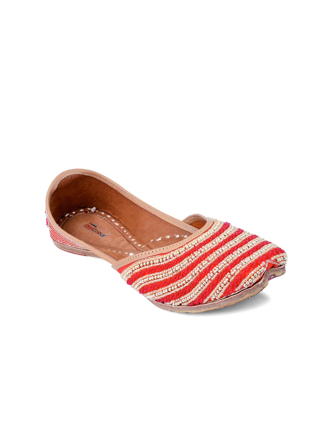 DESI COLOUR Women Red Striped Embellished Leather Ethnic Mojaris
