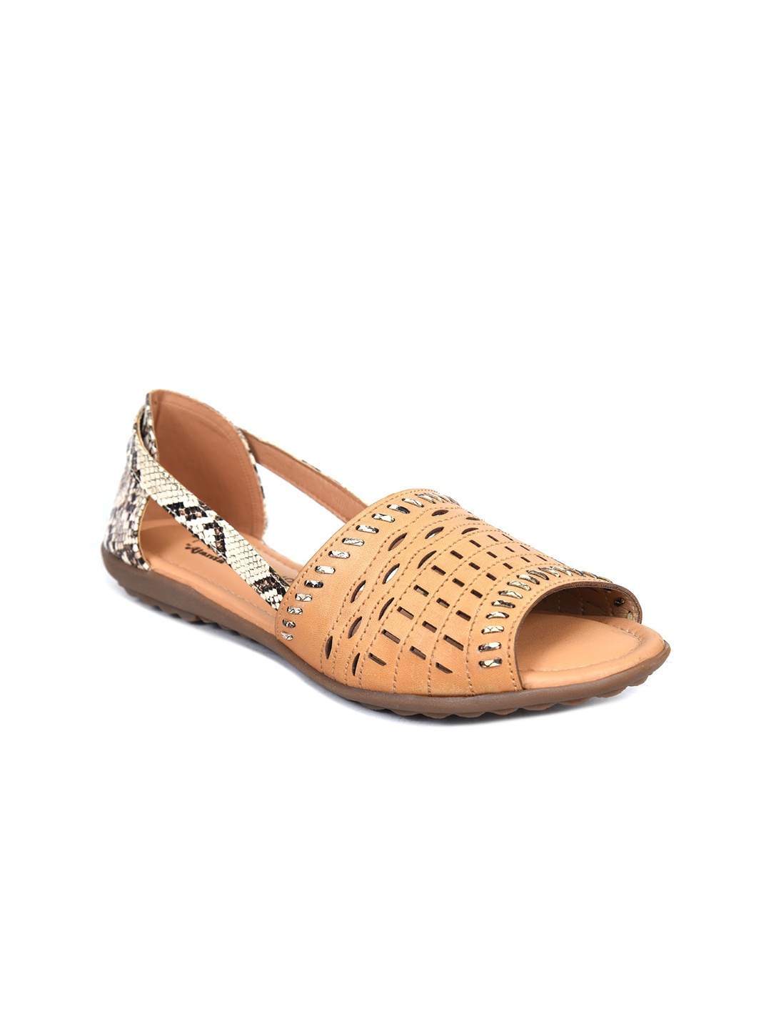 

Ajanta Women Camel Brown Printed Open Toe Flats with Laser Cuts