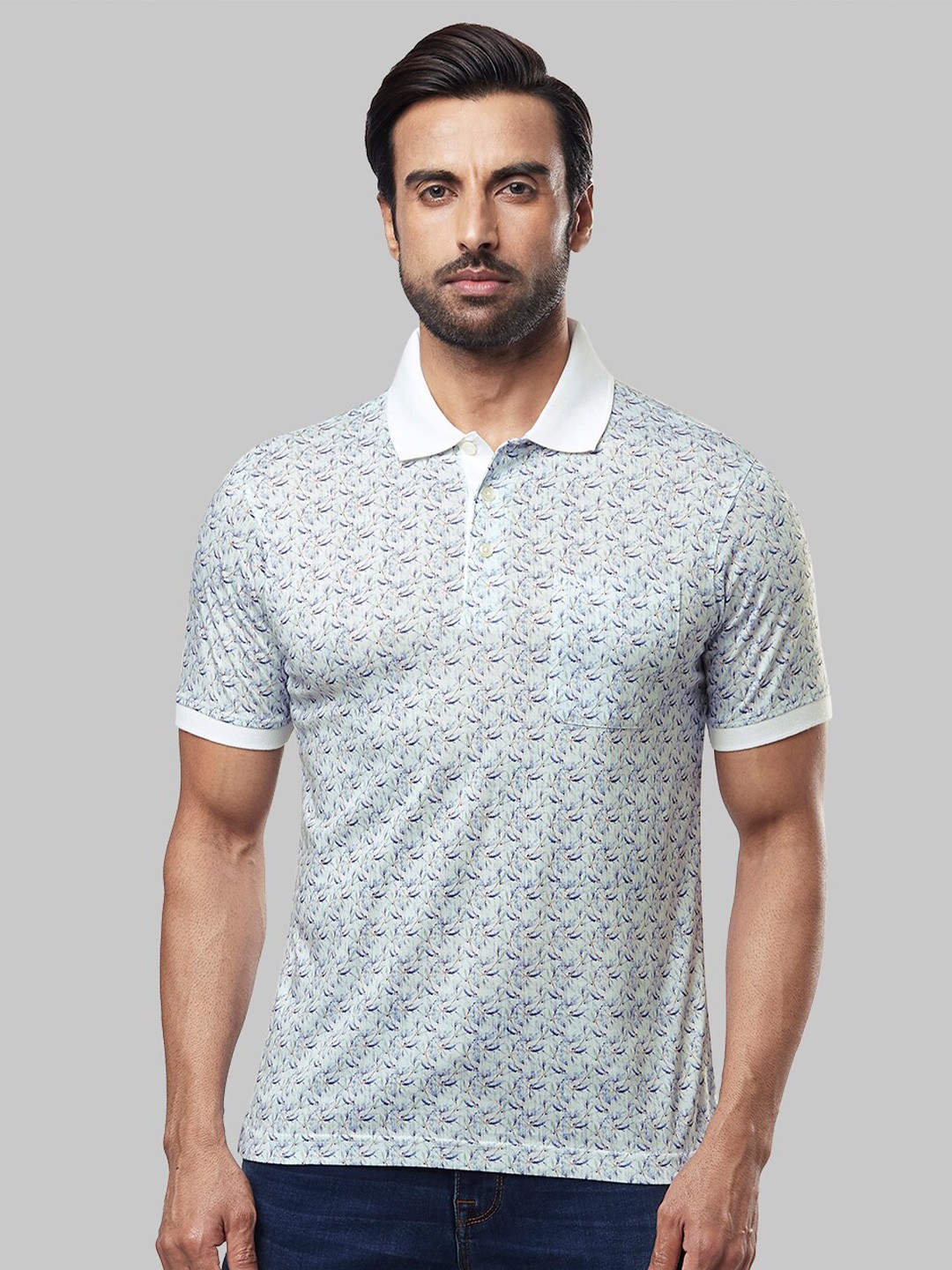 

Raymond Men Blue Printed Polo Collar Cotton T-shirt