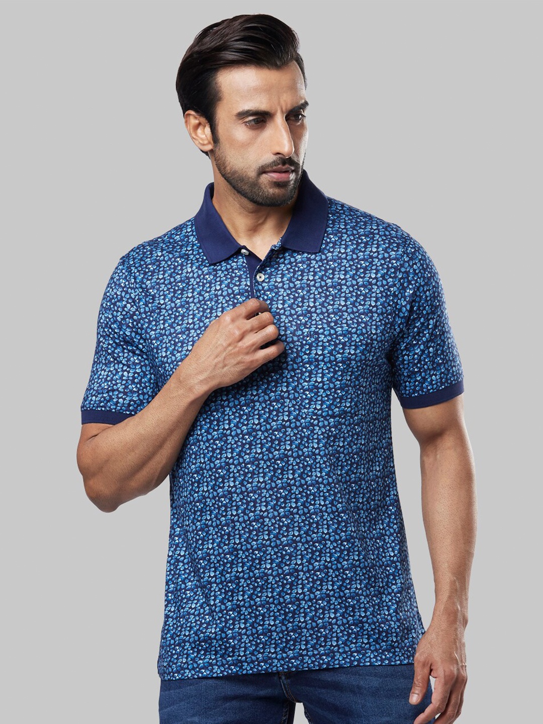 

Raymond Men Blue Floral Printed Polo Collar T-shirt