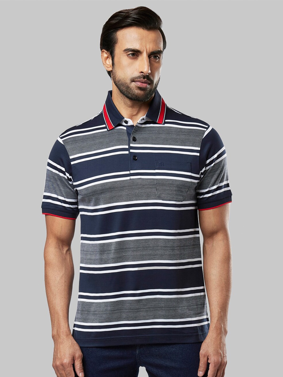 

Raymond Men Blue & White Striped Polo Collar Regular Fit Cotton T-shirt