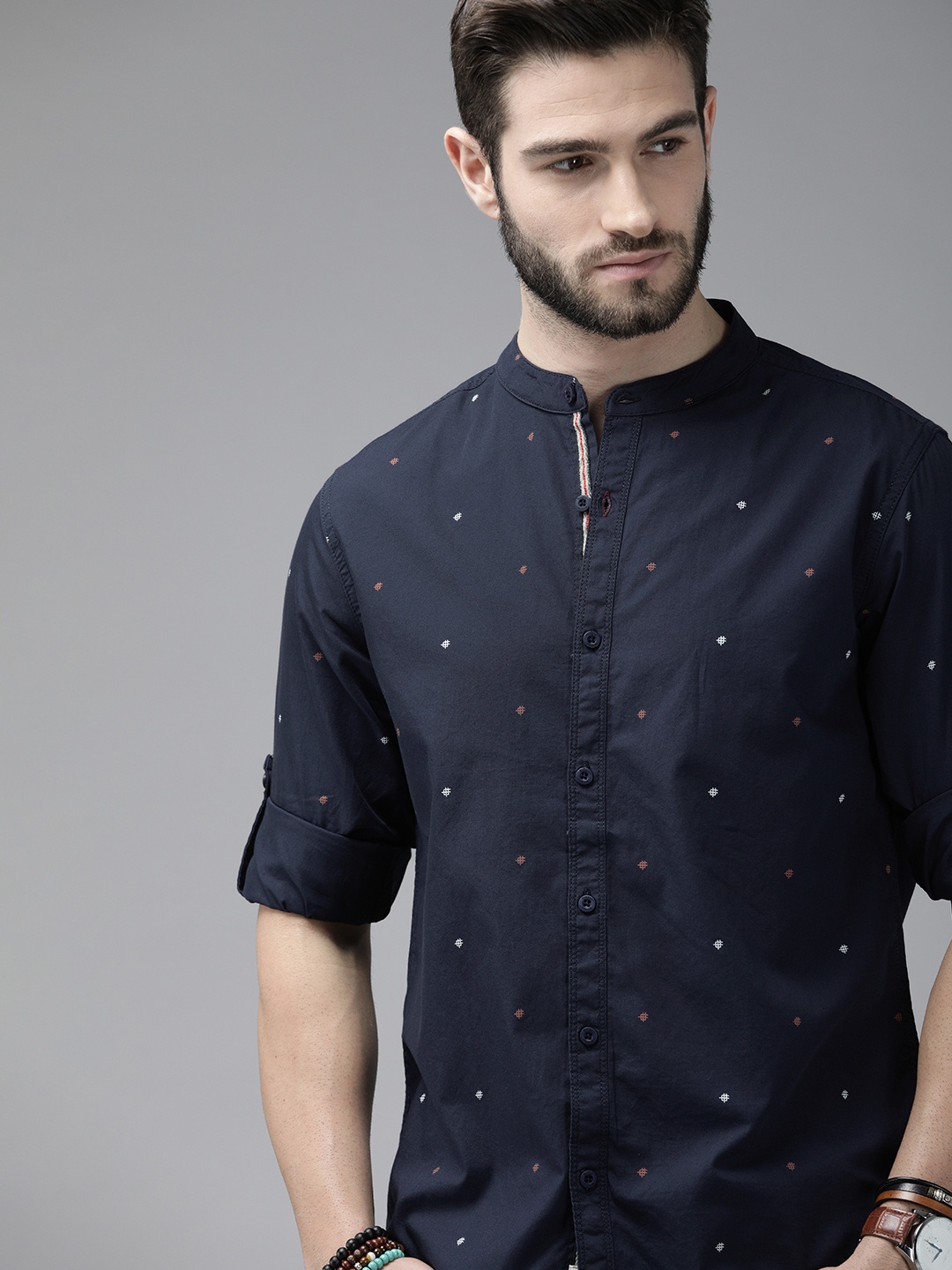 

Roadster Men Navy Blue Printed Pure Cotton Casual Shirt