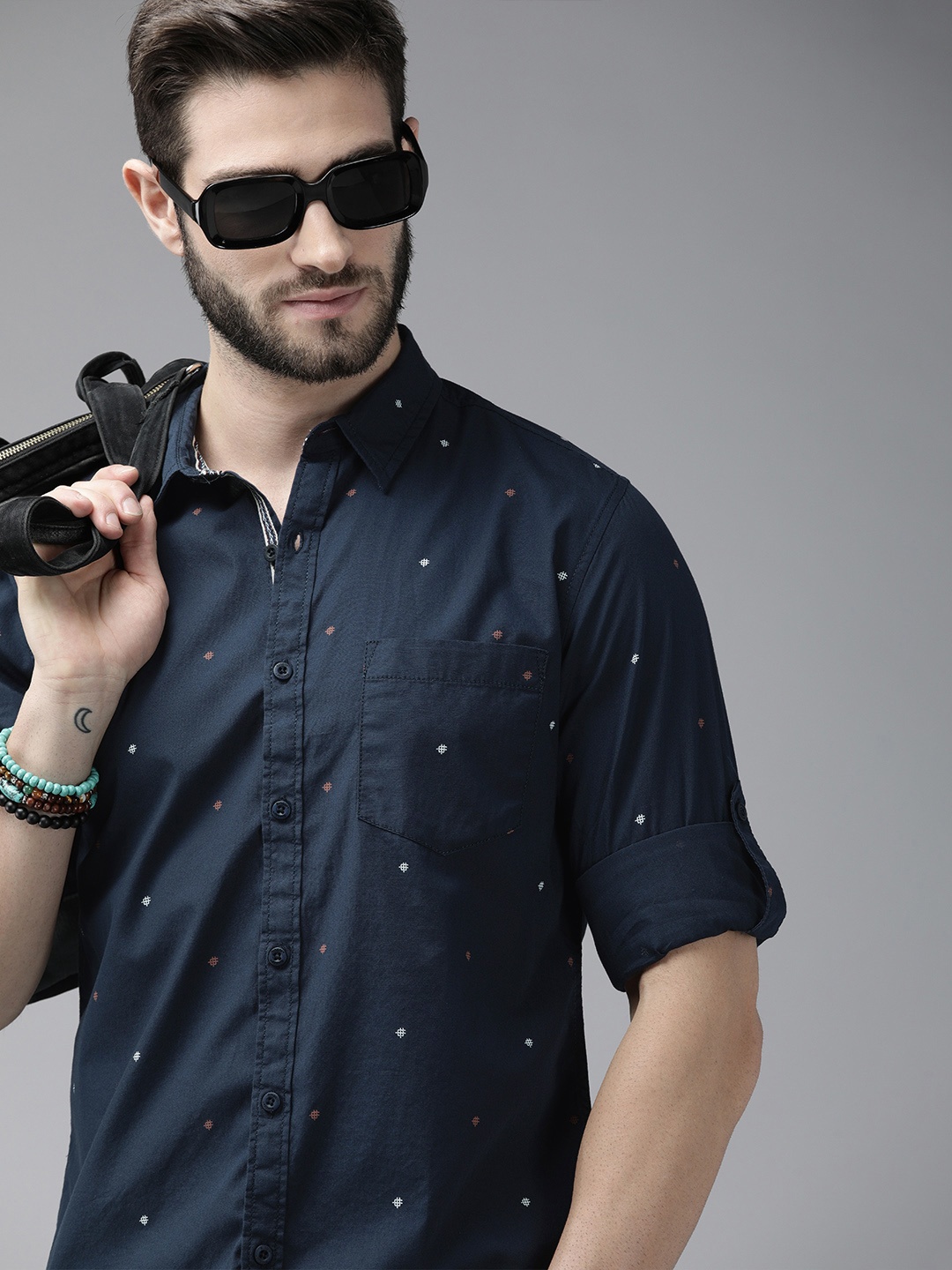 

Roadster Men Navy Blue Printed Casual Shirt