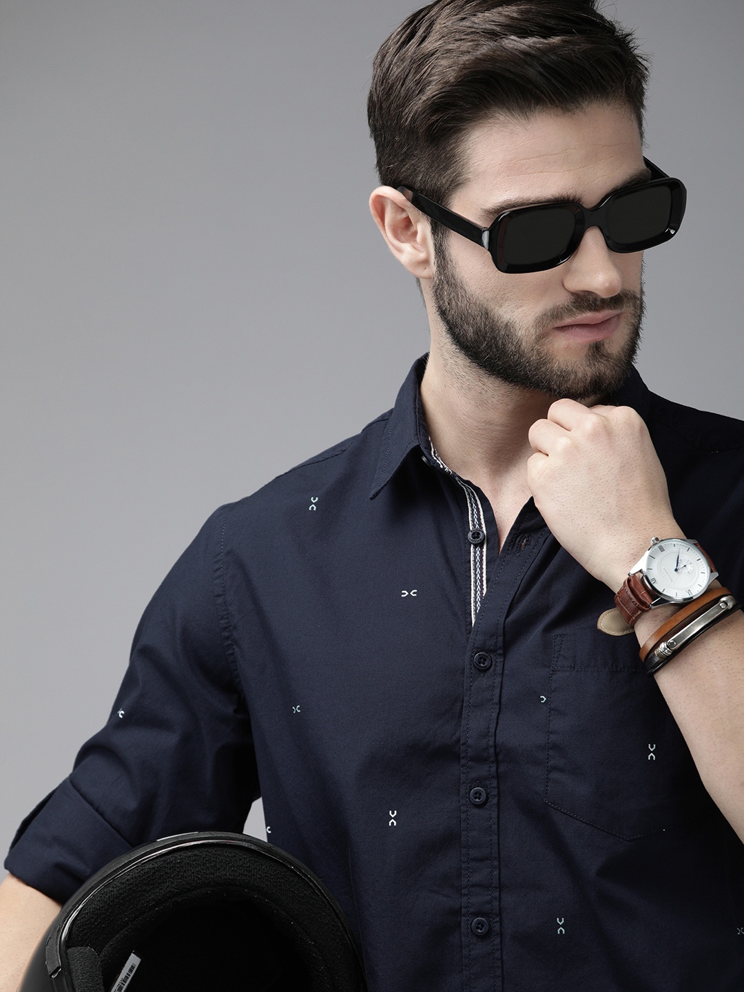 

Roadster Men Navy Blue Printed Pure Cotton Casual Shirt