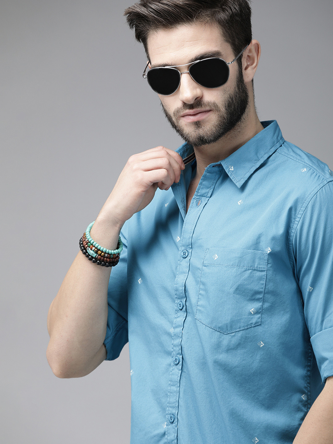 

Roadster Men Blue Printed Pure Cotton Casual Shirt