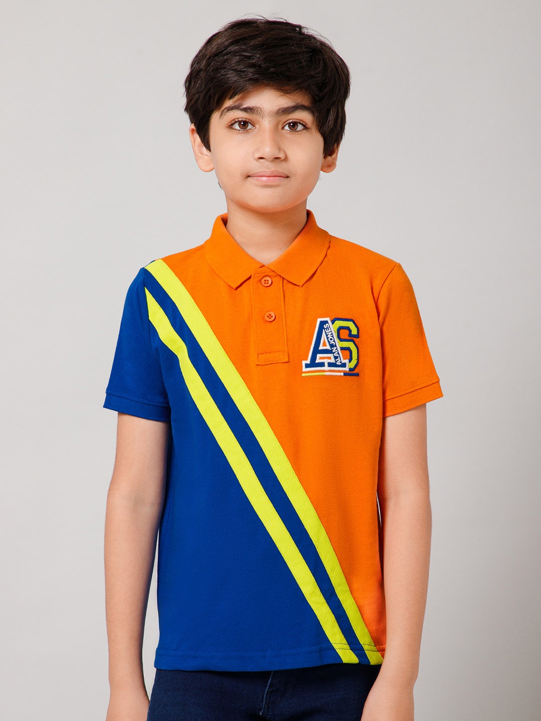 

Alan Jones Boys Orange & Blue Colourblocked Polo Collar T-shirt