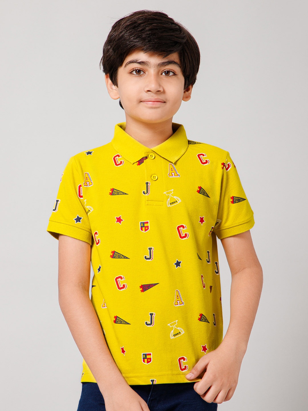 

Alan Jones Boys Mustard Printed Polo Collar T-shirt