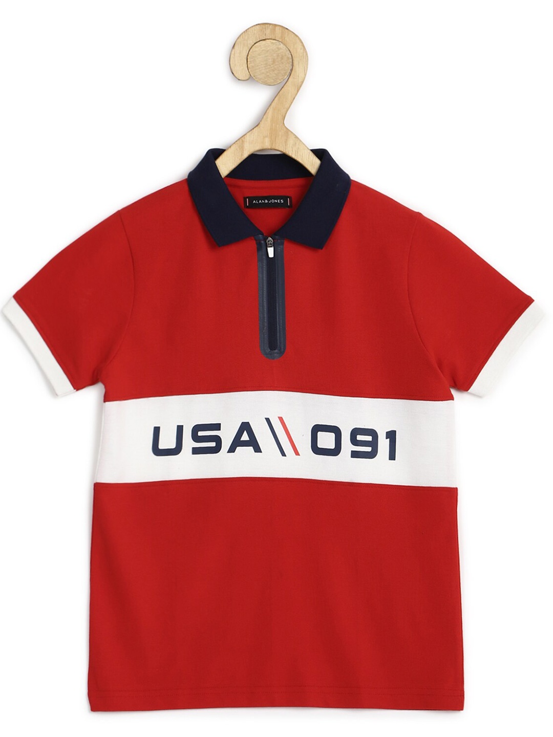 

Alan Jones Boys Red & White Typography Printed Polo Collar T-shirt