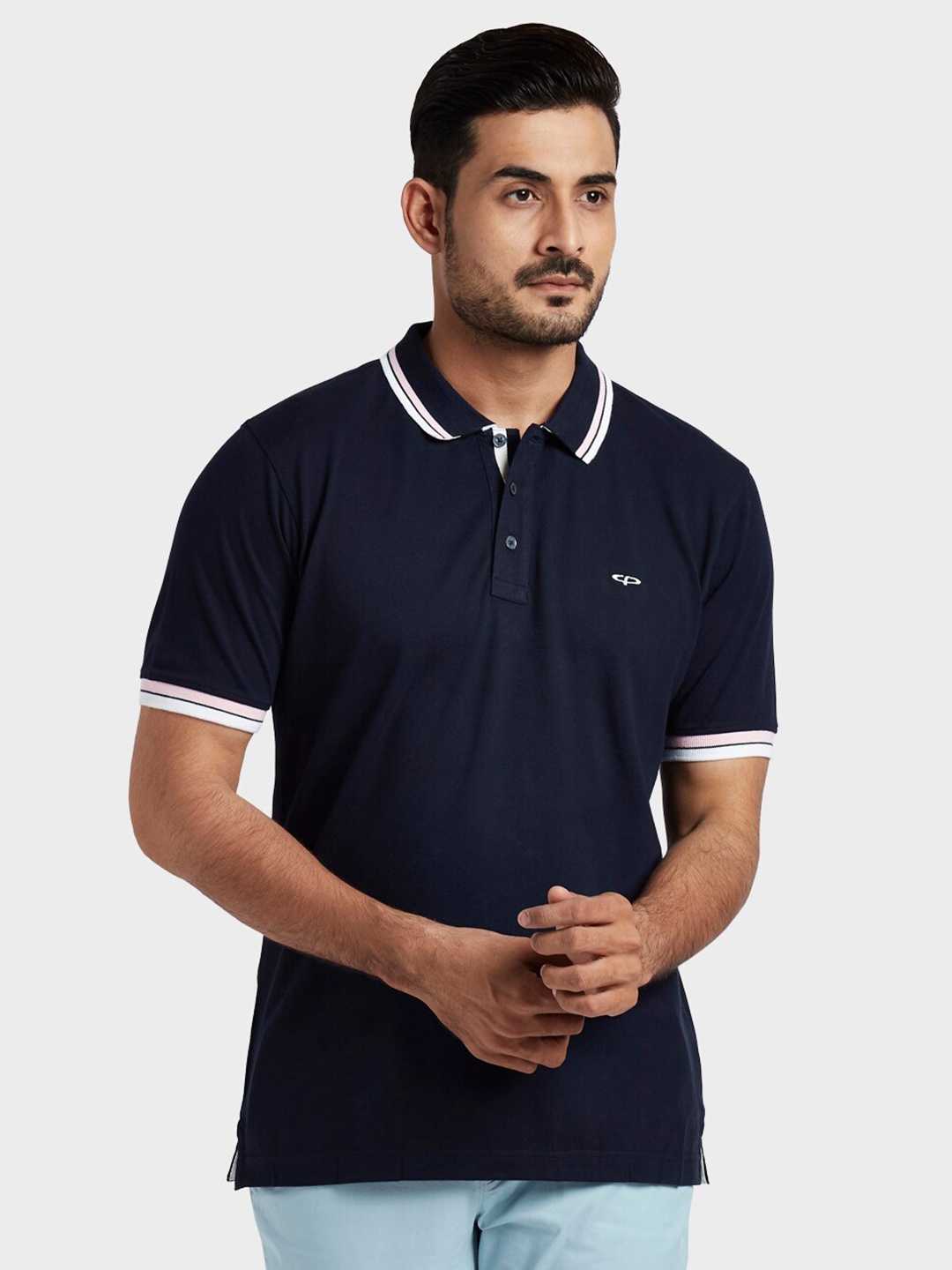

ColorPlus Men Navy Blue & White Mandarin Collar Applique T-shirt