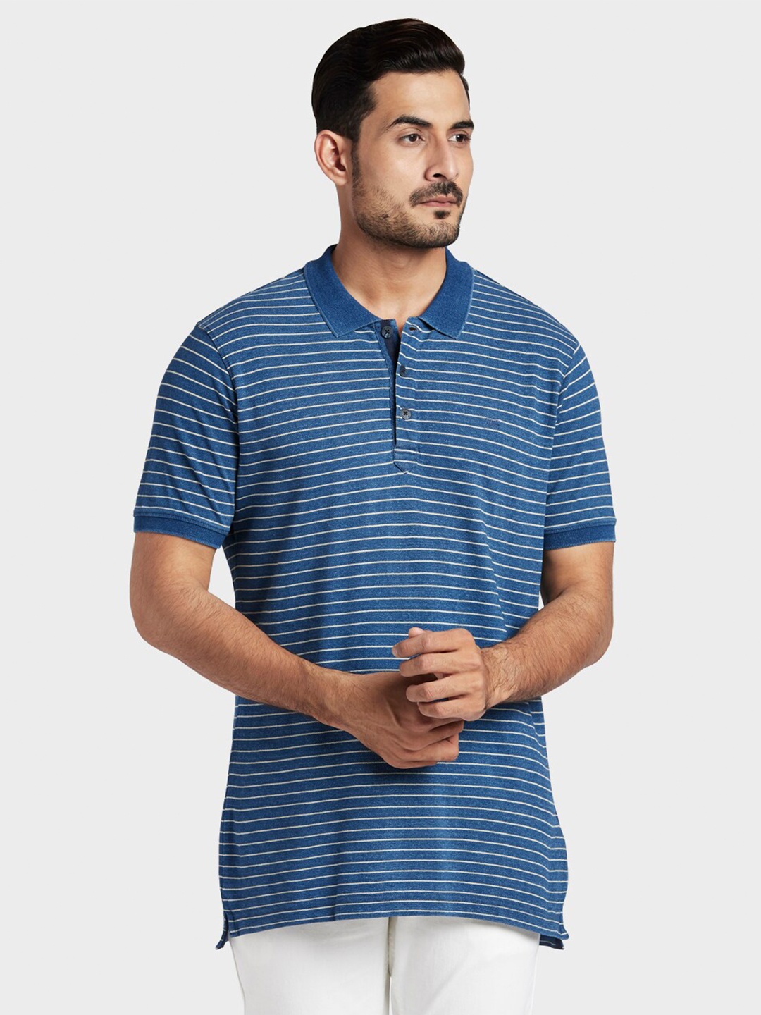 

ColorPlus Men Blue Striped Polo Collar Cotton T-shirt