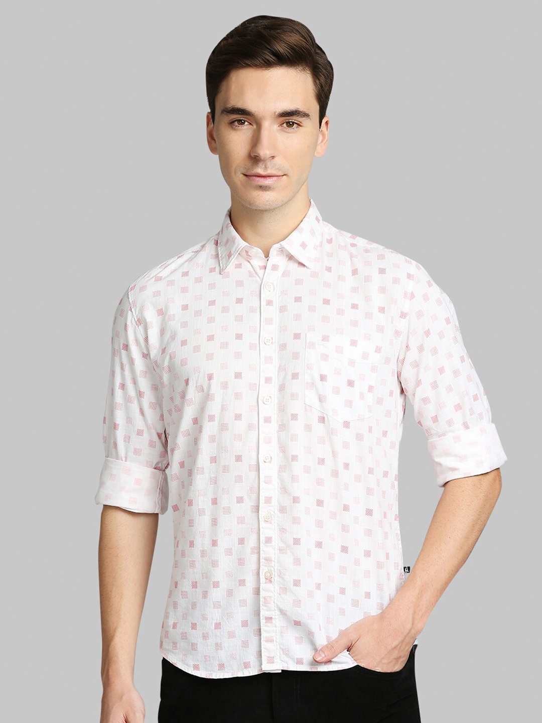 

Parx Men Off White Slim Fit Printed Cotton Casual Shirt