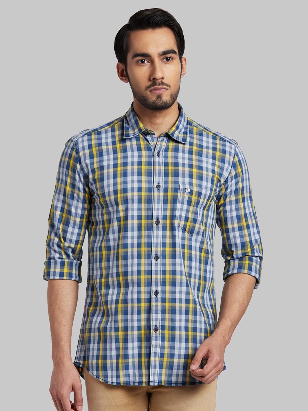 

Parx Men Blue & Yellow Slim Fit Checked Casual Shirt