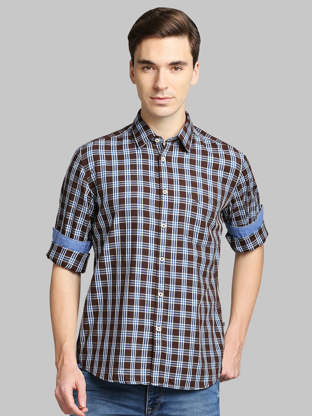 

Parx Men Brown & Blue Slim Fit Checked Cotton Casual Shirt