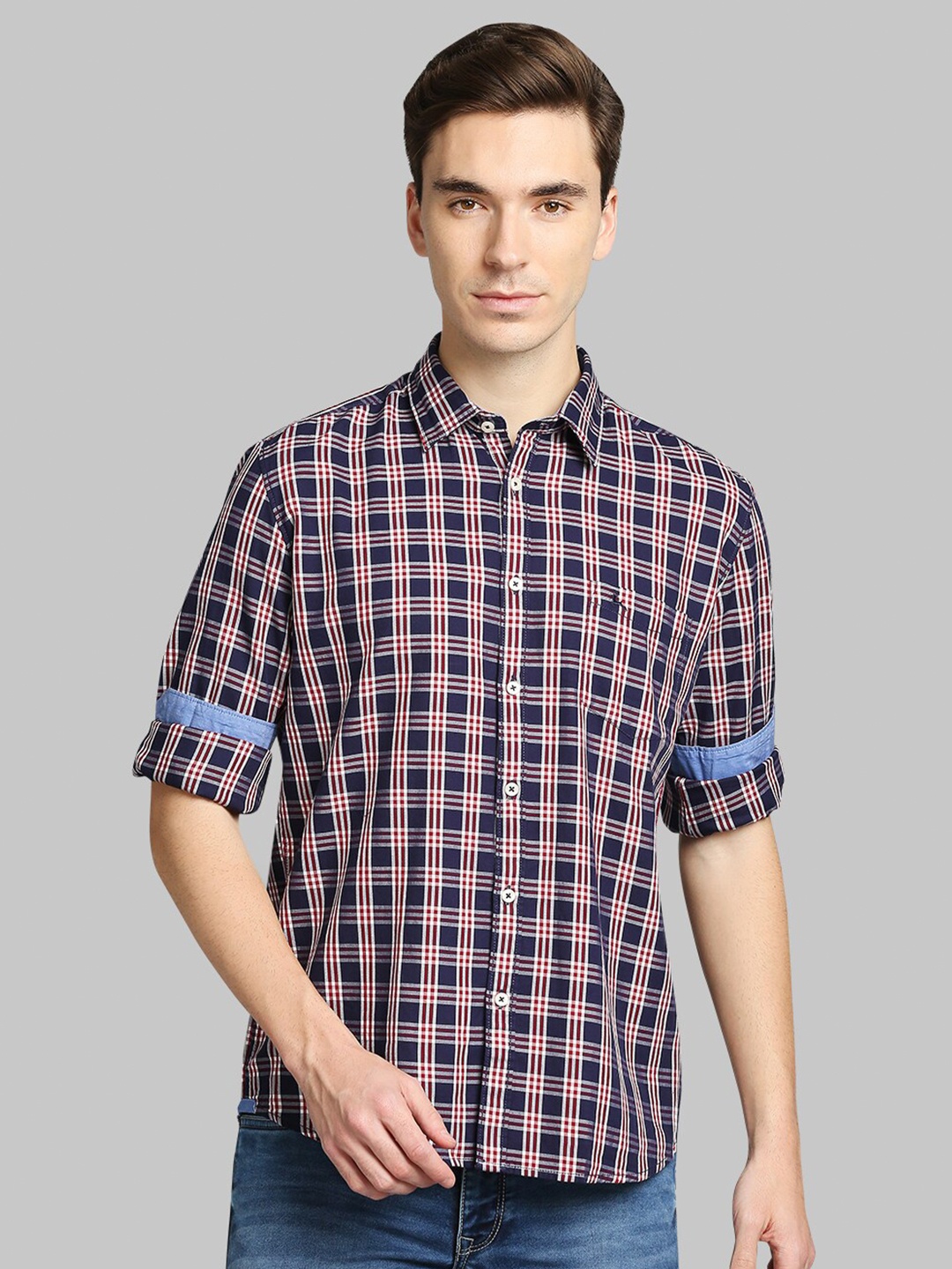 

Parx Men Blue Slim Fit Checked Cotton Casual Shirt