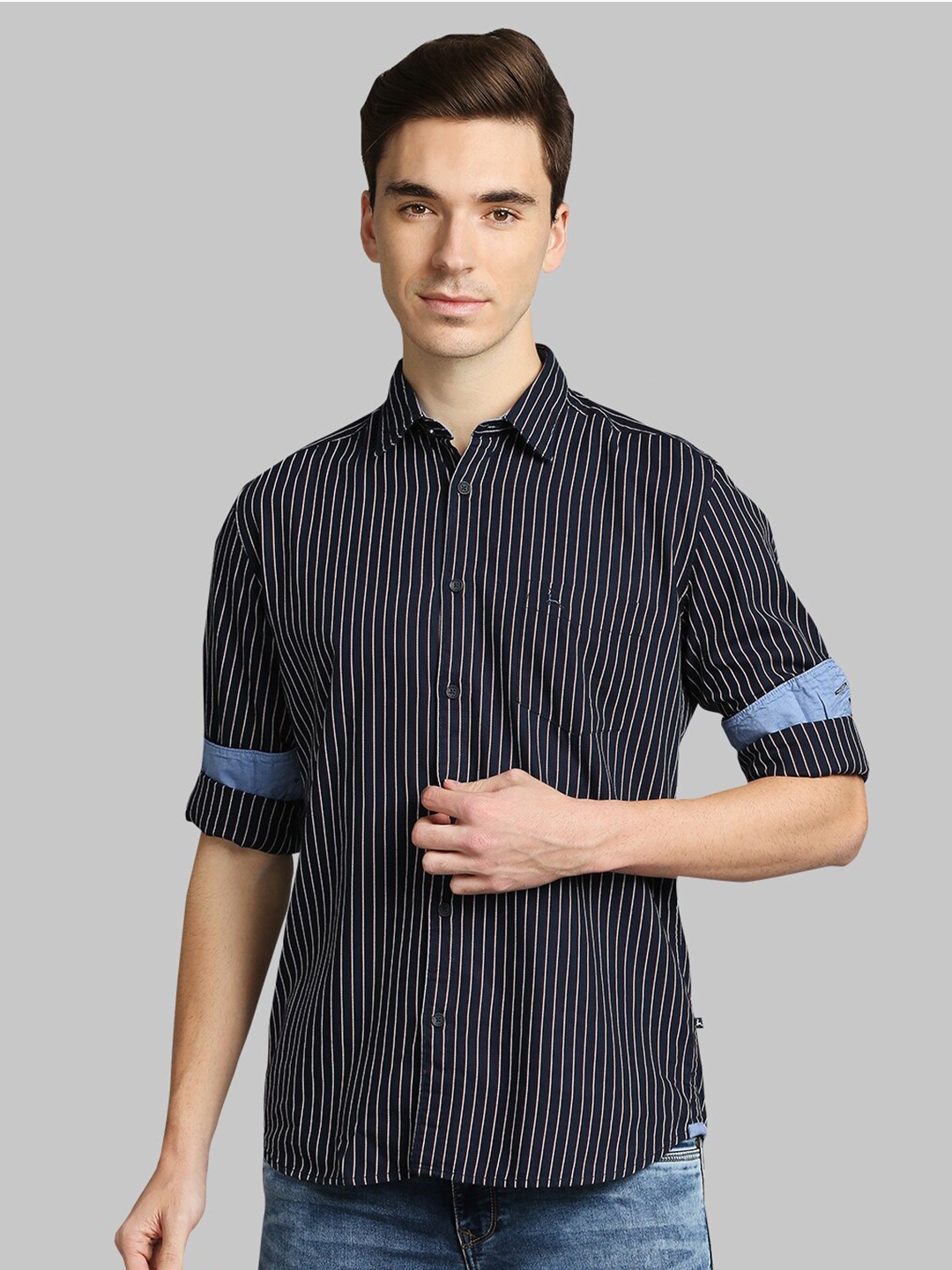 

Parx Men Blue Slim Fit Striped Cotton Casual Shirt