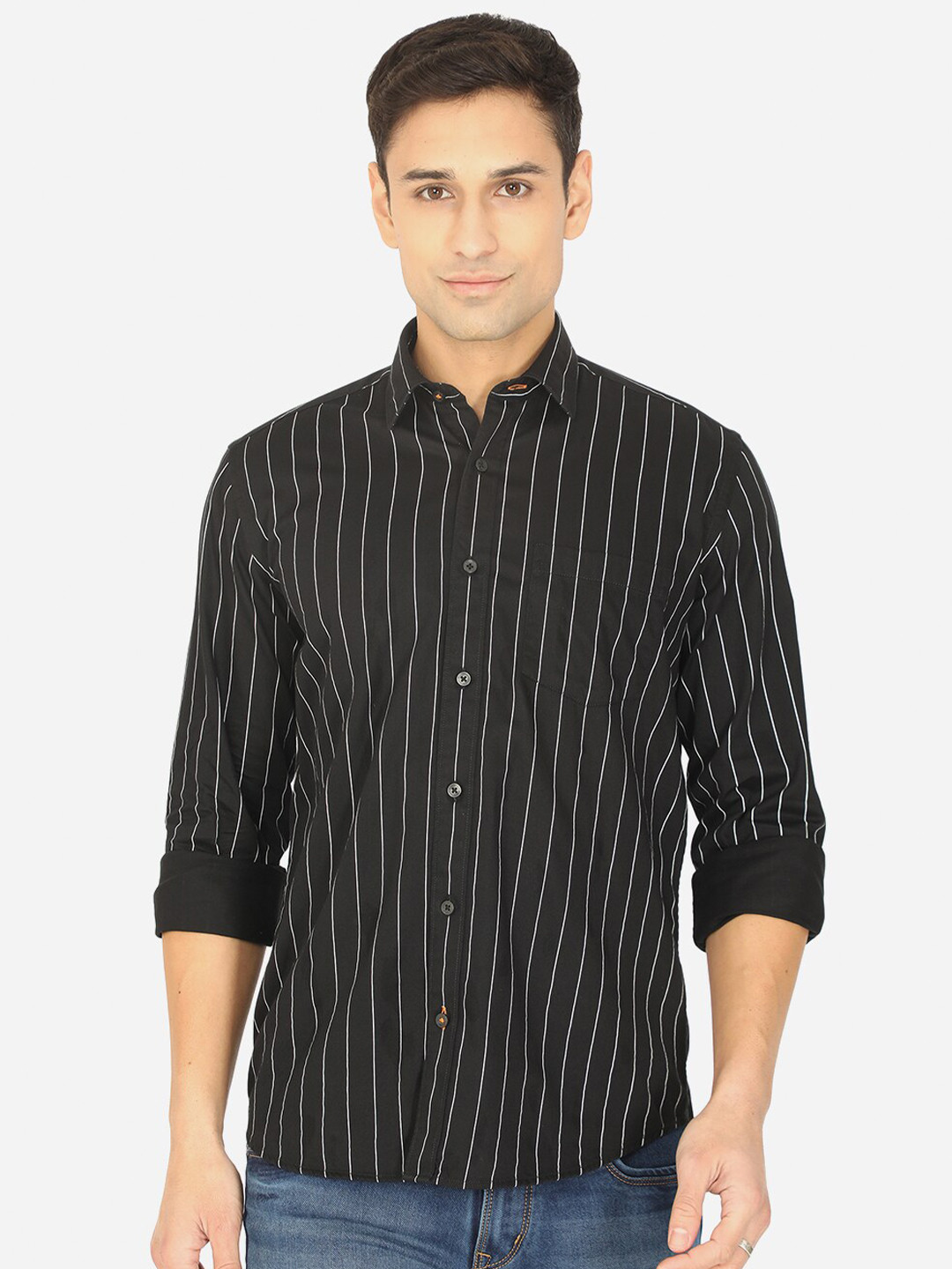 

Greenfibre Men Black Slim Fit Striped Cotton Casual Shirt