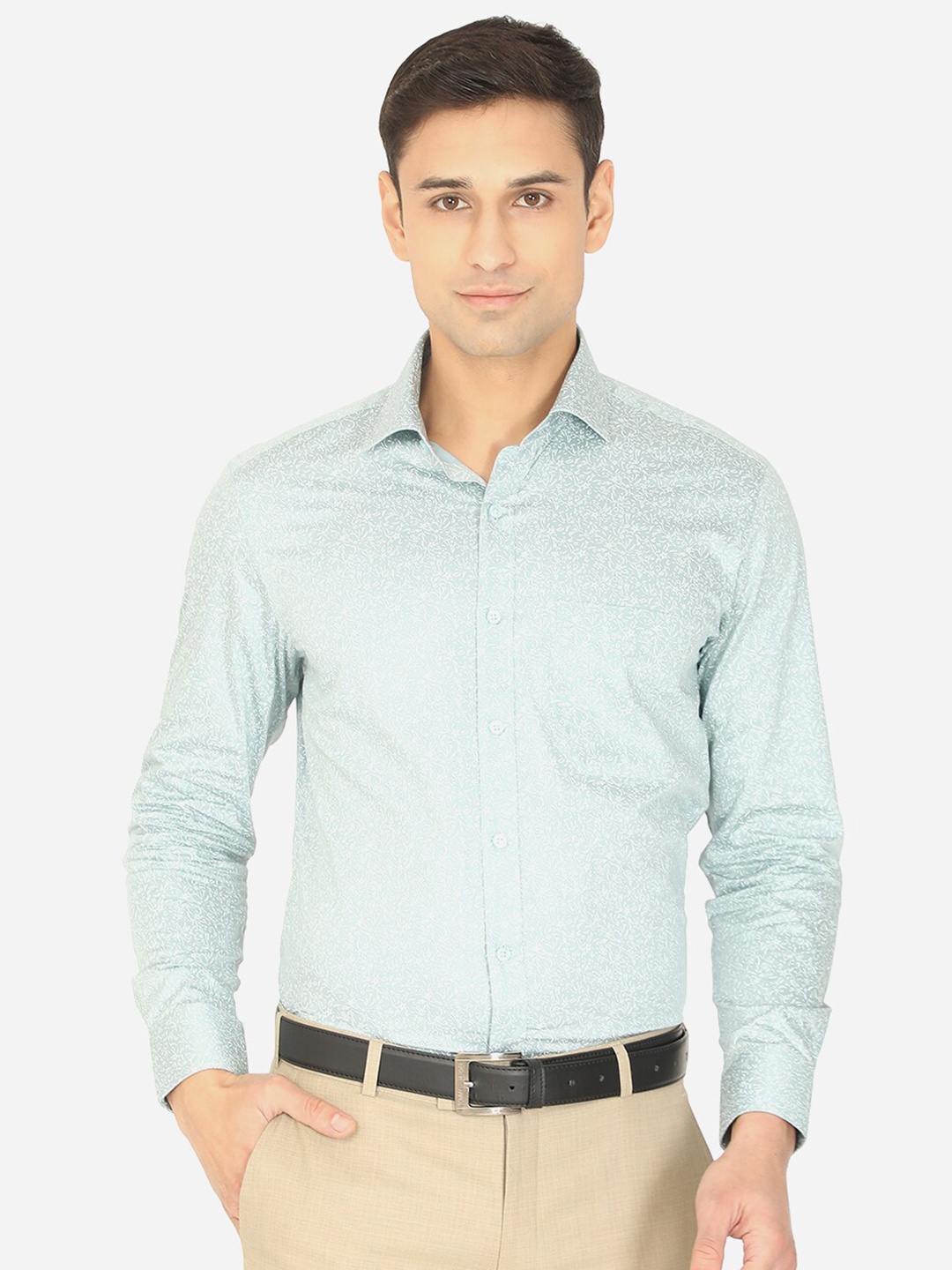 

Greenfibre Men Turquoise Blue Slim Fit Printed Formal Shirt