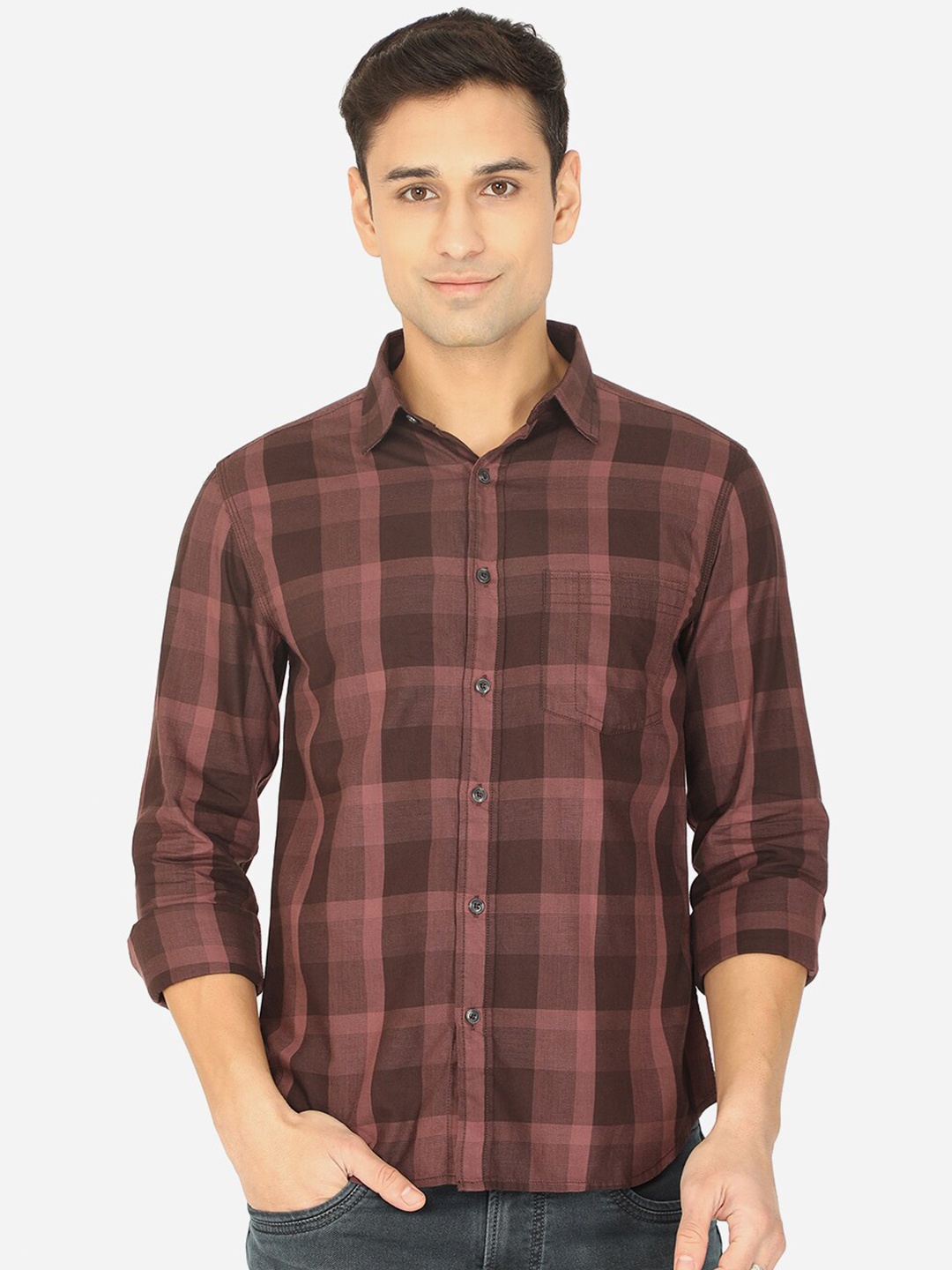 

Greenfibre Men Brown Checked Slim Fit Pure Cotton Casual Shirt